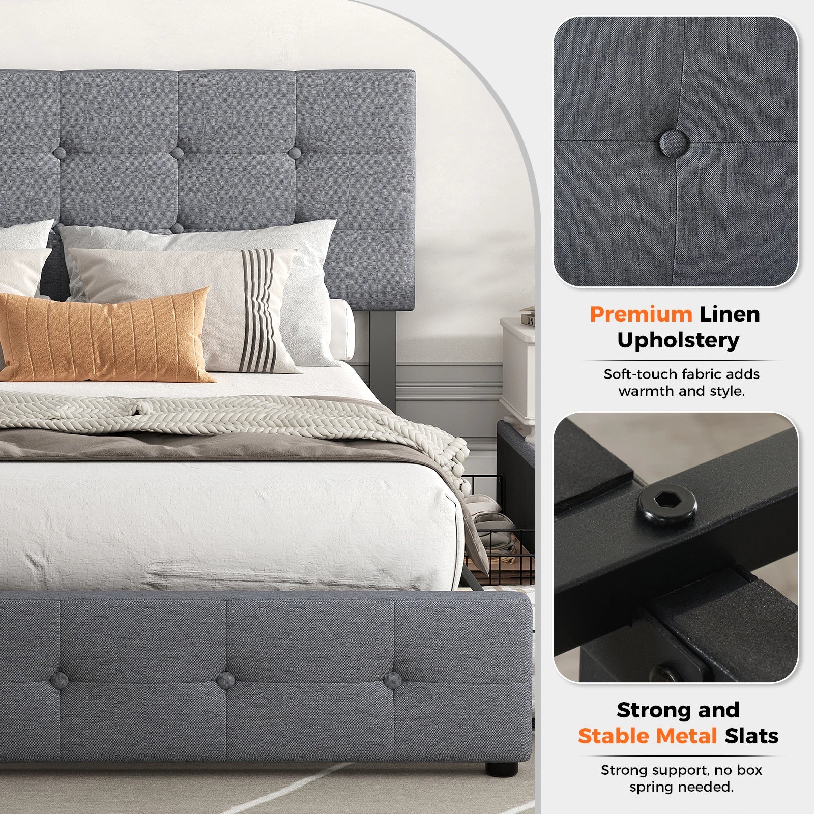 JHK Queen Full Size Bed Frame with Storage Upholstered Platform Bed Frame with 4 Drawers and Adjustable Height Button Headboard