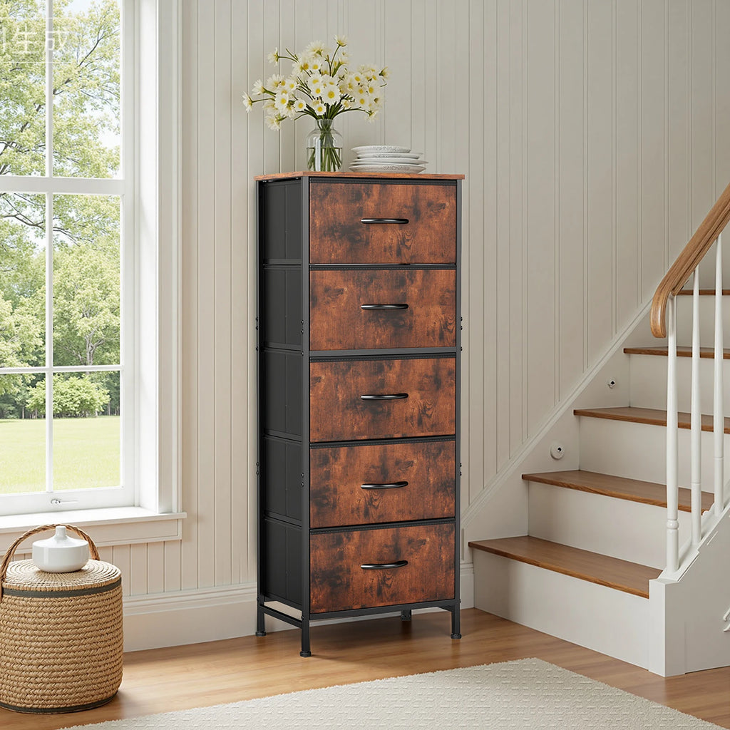 JHK 48IN Dresser For Bedroom With 5 Fabric Drawers Nightstand Wardrobe Steel Frame Closet For Clothes Storage Cabinet Furniture