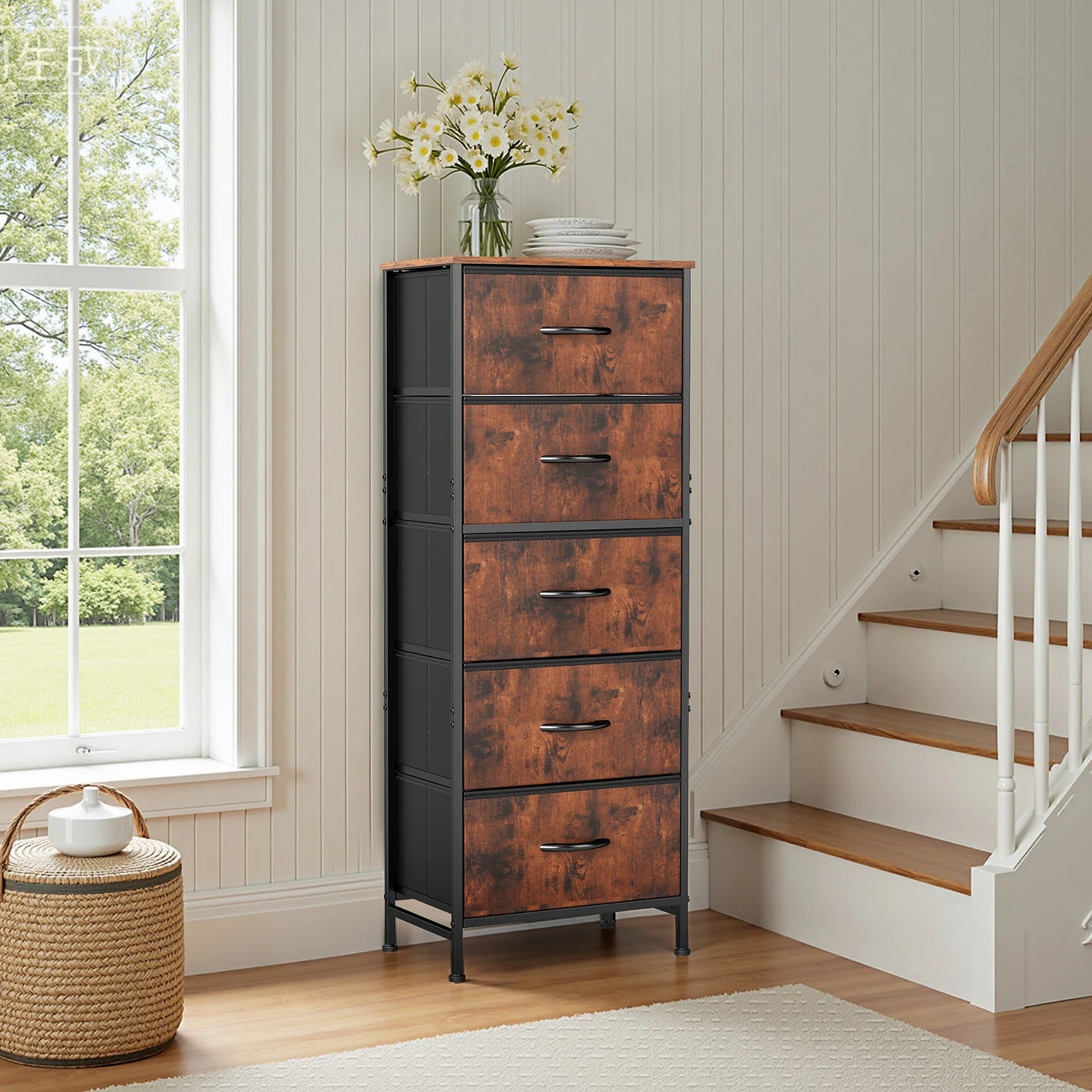 JHK 48IN Dresser For Bedroom With 5 Fabric Drawers Nightstand Wardrobe Steel Frame Closet For Clothes Storage Cabinet Furniture