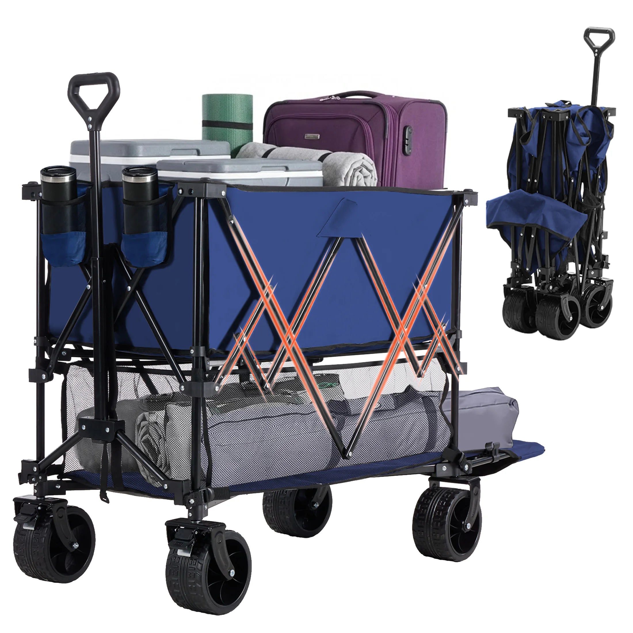 JHK Outdoor Wagons Cart Double Decker 440 lbs Large Capacity Collapsible Foldable Garden Beach Cart for Grocery Garden Camping