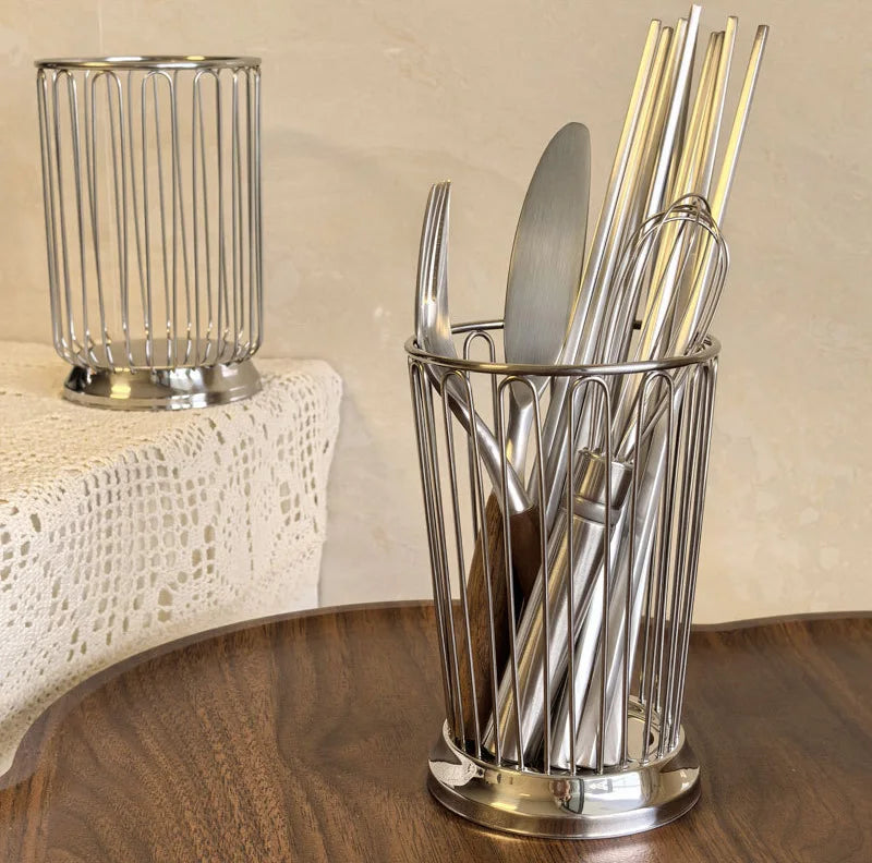 1pc Cutlery Drain Basket Stainless Steel Chopsticks Holder Fork Spoon Storage Basket Kitchen Desktop Hollowed-out Fruit Basket