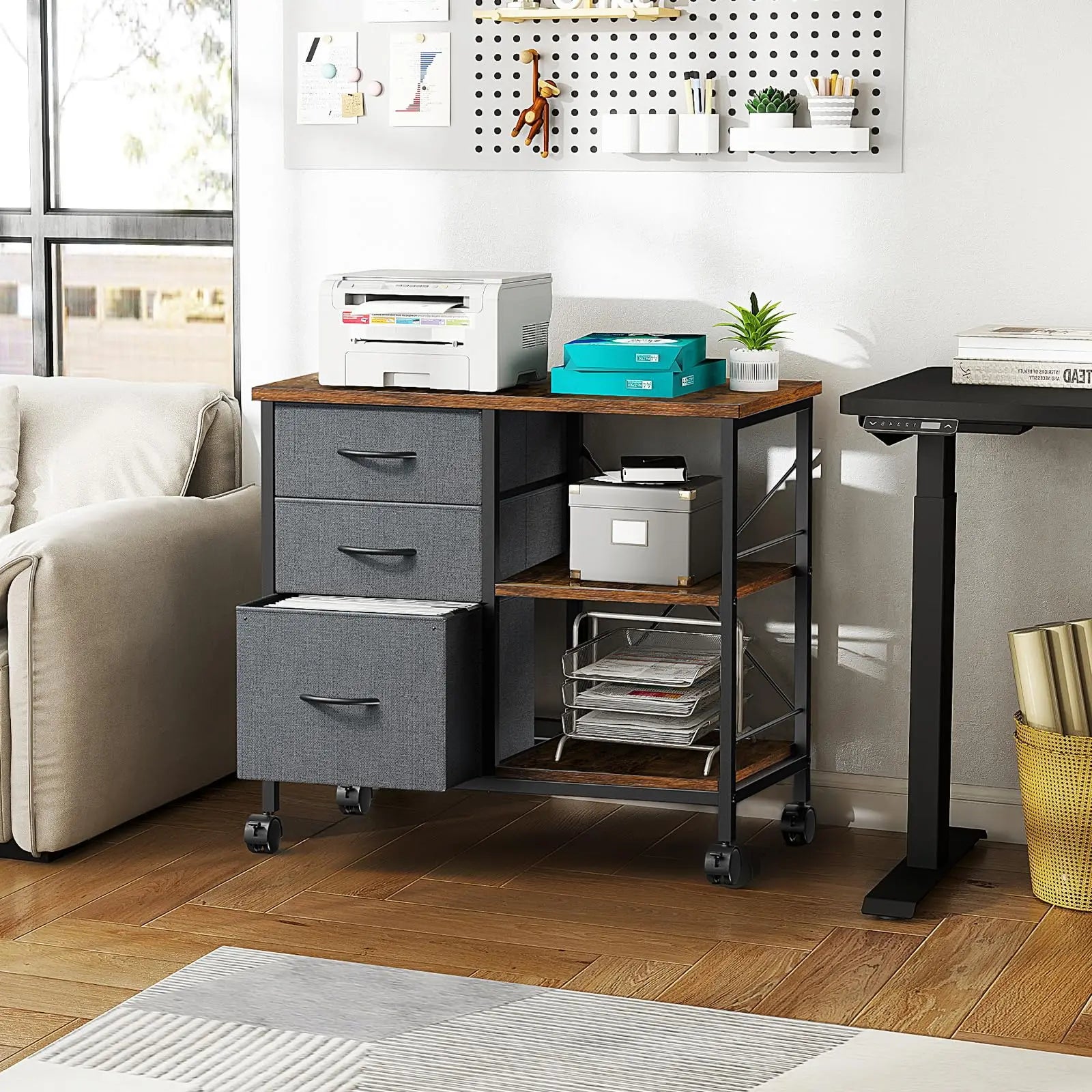 JHK 3 Fabric Drawers Mobile Living Room Cabinet With Wardrobe Steel Frame Assembly Closet Clothes Storage Cabinet Of Furniture