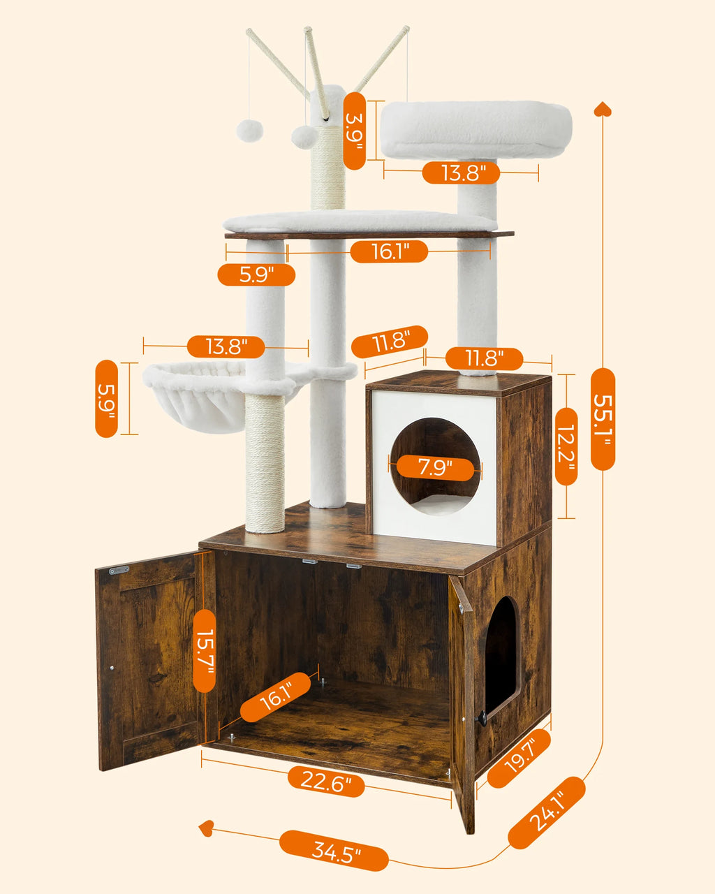 Feandrea Cat Tree with Litter Box Enclosure, 59-Inch Modern Cat Tower, 2-in-1 Condo with Scratching Posts