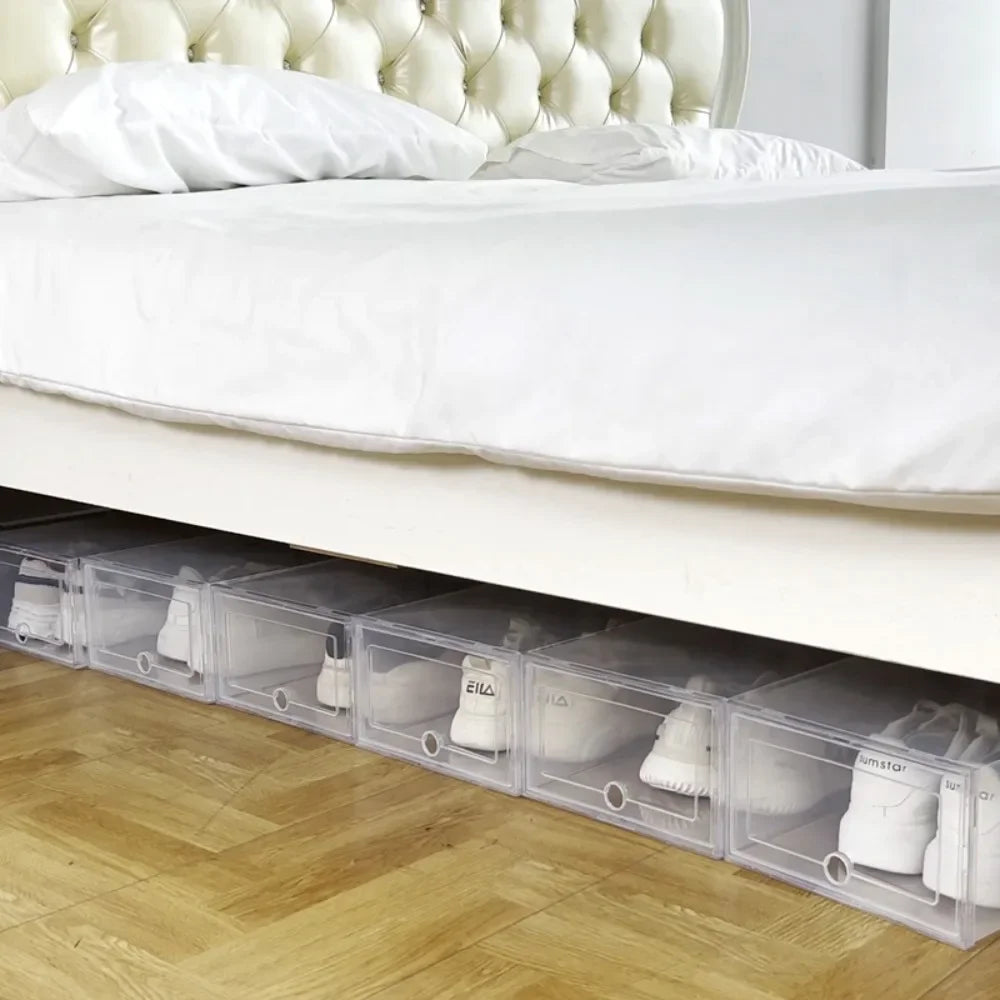 6pcs Transparent Shoe Boxes Stackable Shoe Cases Storage Plastic Shoes Box Dustproof Sneaker Boxes Shoes Furniture Organizers