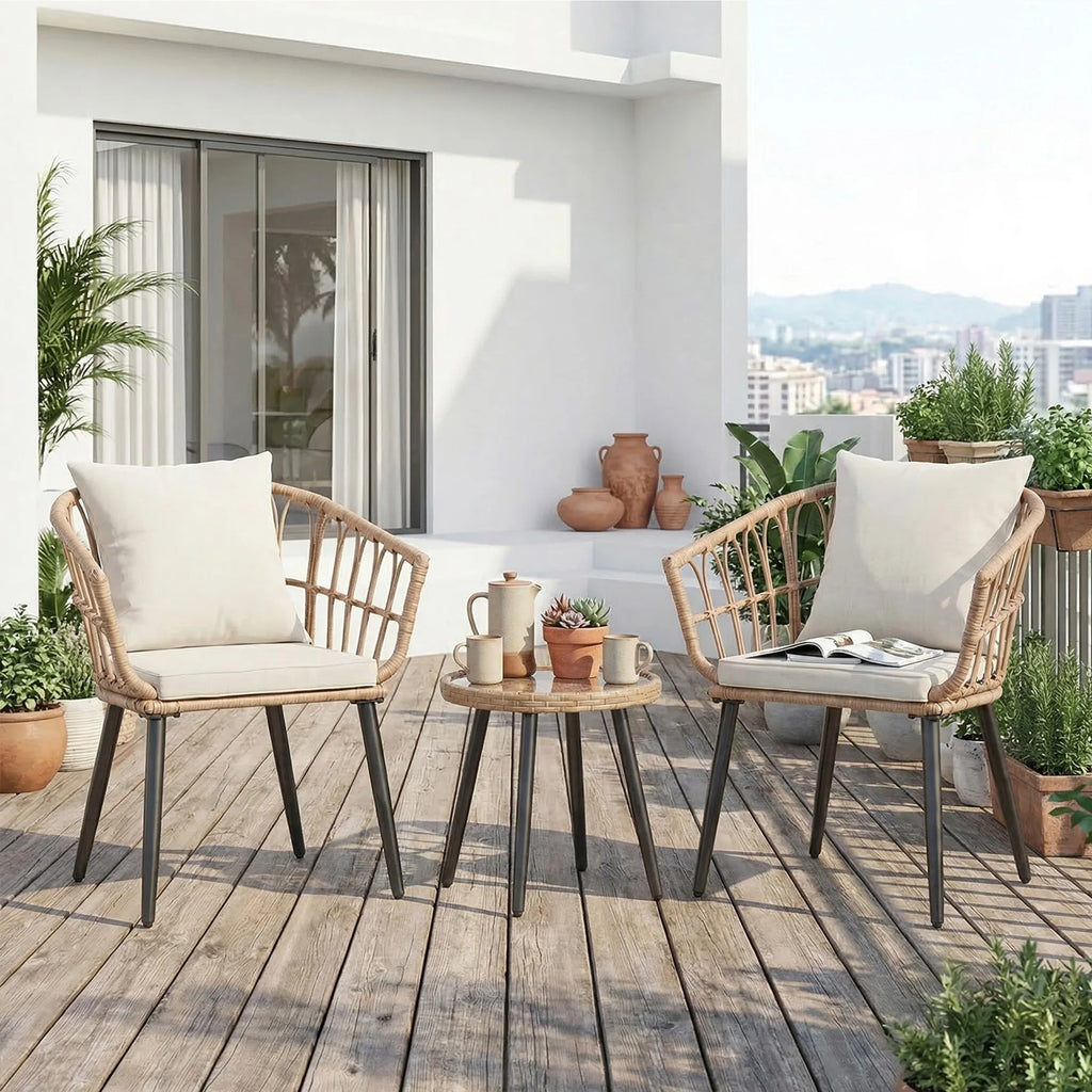 JHK 3 Pieces Wicker Patio Outdoor Set with Soft Cushion and Glass Steel Frame Table Manual Weaving Patio Chairs For Garden Lawn