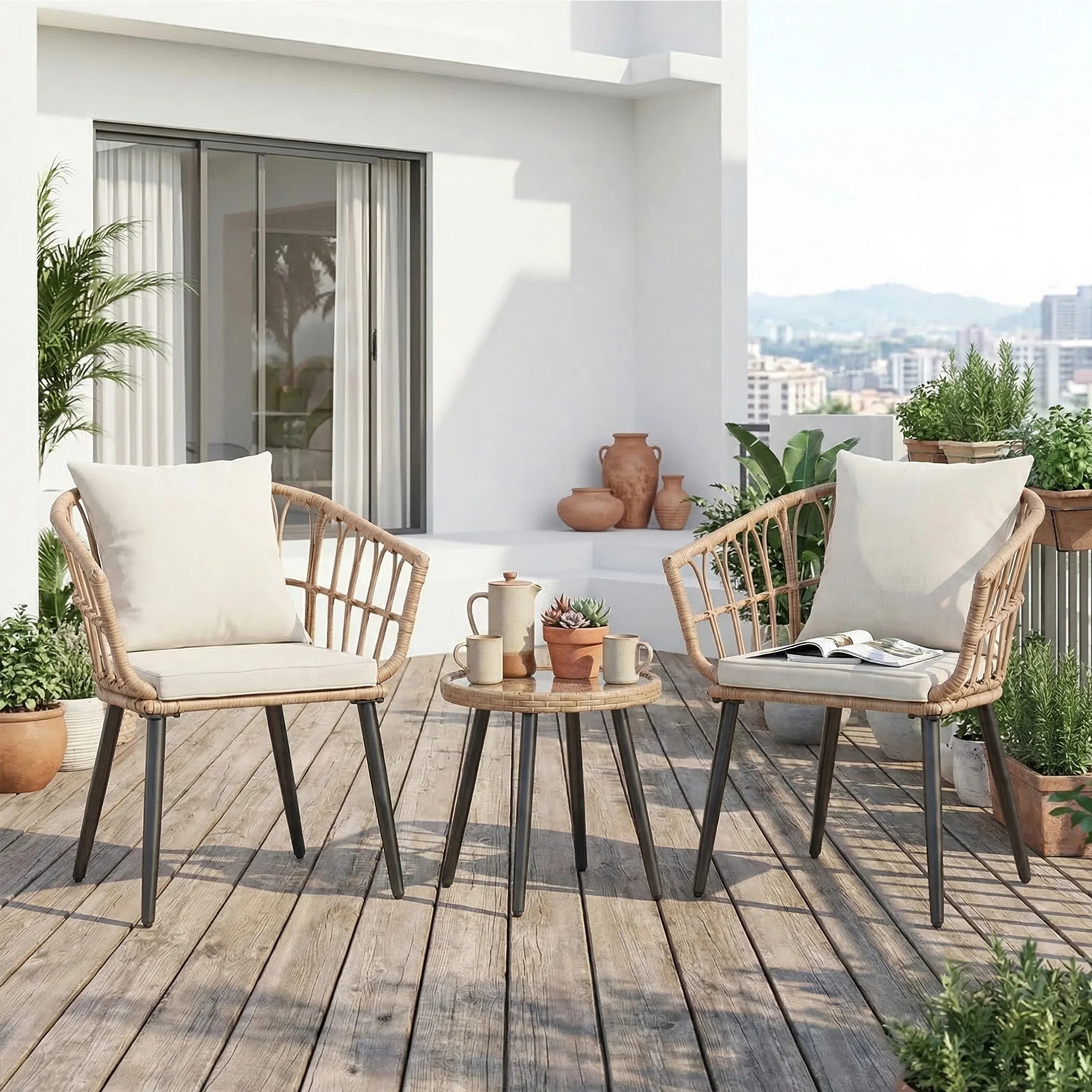 JHK 3 Pieces Wicker Patio Outdoor Set with Soft Cushion and Glass Steel Frame Table Manual Weaving Patio Chairs For Garden Lawn