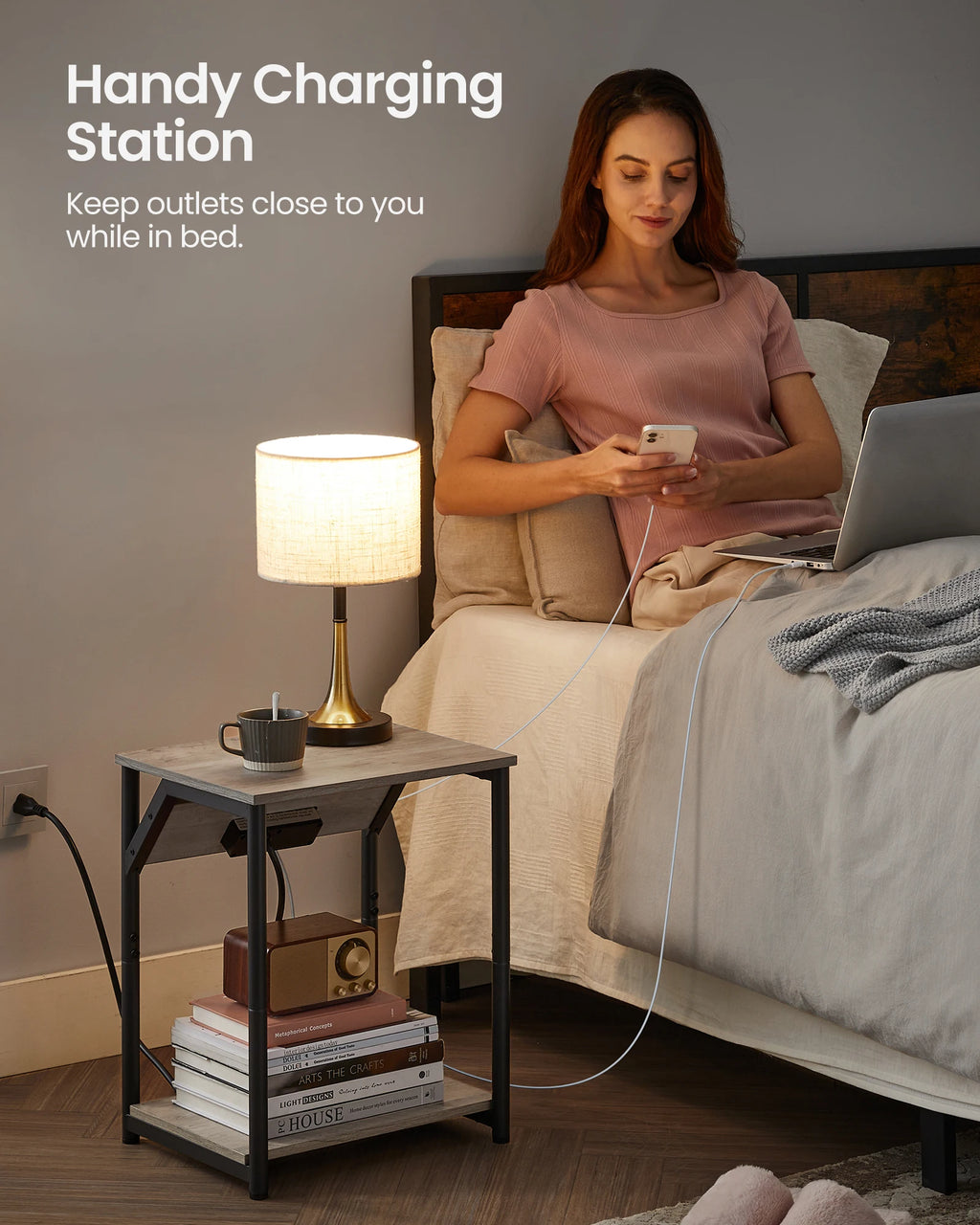 VASAGLE End Table with Charging Station, Small Side Table for Living Room, Bedroom, Nightstand with Outlets and USB Ports, Bedsi