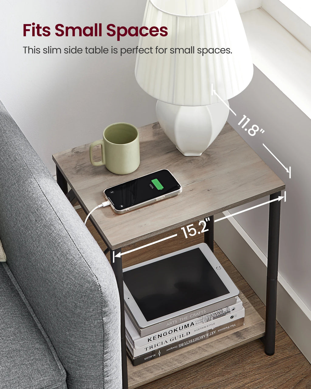 VASAGLE End Table with Charging Station, Small Side Table for Living Room, Bedroom, Nightstand with Outlets and USB Ports, Bedsi