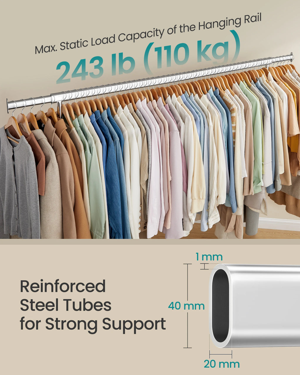 SONGMICS Clothes Rack with Wheels, Heavy-Duty Garment Rack with Extendable Hanging Rod, 243 lb Load Capacity, 17.7 x (63-78.7) x