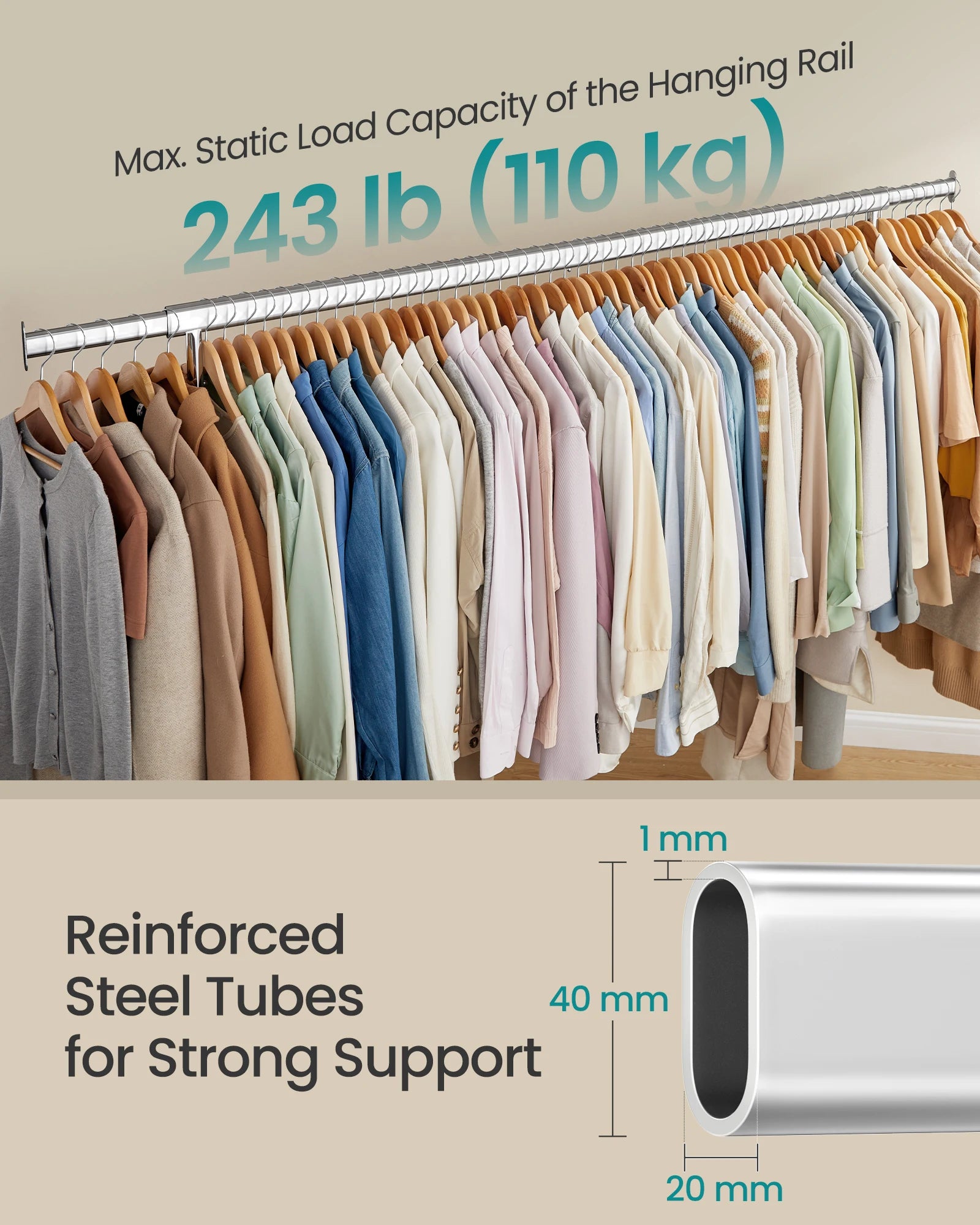 SONGMICS Clothes Rack with Wheels, Heavy-Duty Garment Rack with Extendable Hanging Rod, 243 lb Load Capacity, 17.7 x (63-78.7) x