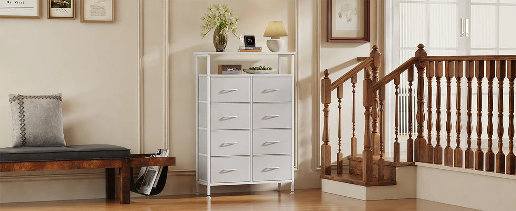 JHK 8 Fabric Drawers Cabinet For Living Room Wooden Top TV Stand with Charging Station Raised Shelf Storage Display Furniture