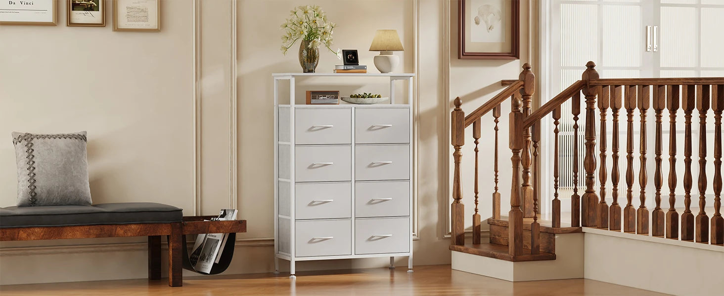 JHK 8 Fabric Drawers Cabinet For Living Room Wooden Top TV Stand with Charging Station Raised Shelf Storage Display Furniture