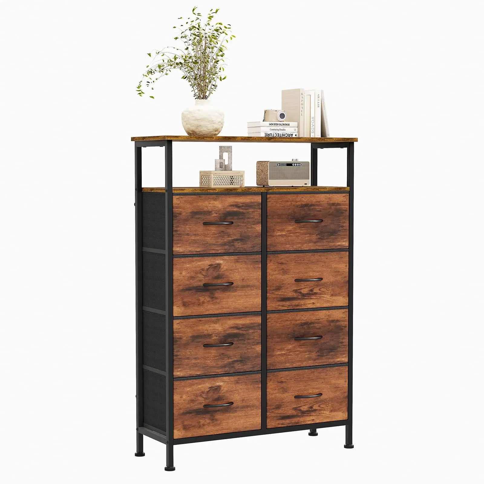 JHK 8 Fabric Drawers Cabinet For Living Room Wooden Top TV Stand with Charging Station Raised Shelf Storage Display Furniture