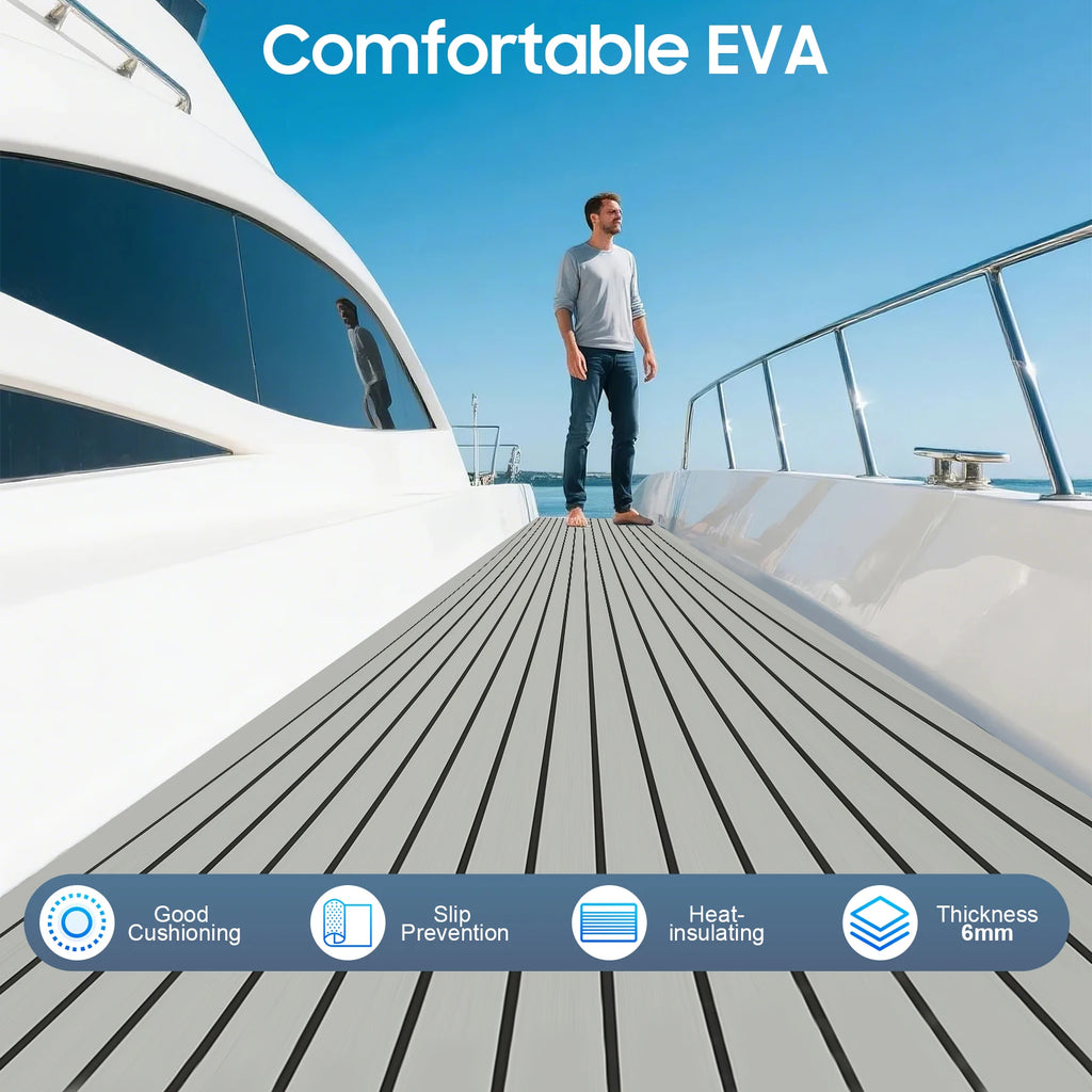 240x90cm EVA Foam Teak Floor Mat 6mm Thick Anti-Slip Self-Adhesive Pad Cuttable Waterproof Marine Carpet for Boat Deck RV Yacht