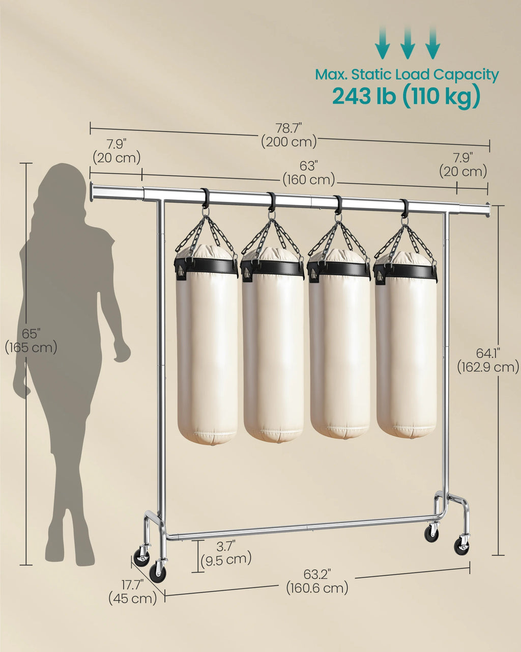 SONGMICS Clothes Rack with Wheels, Heavy-Duty Garment Rack with Extendable Hanging Rod, 243 lb Load Capacity, 17.7 x (63-78.7) x