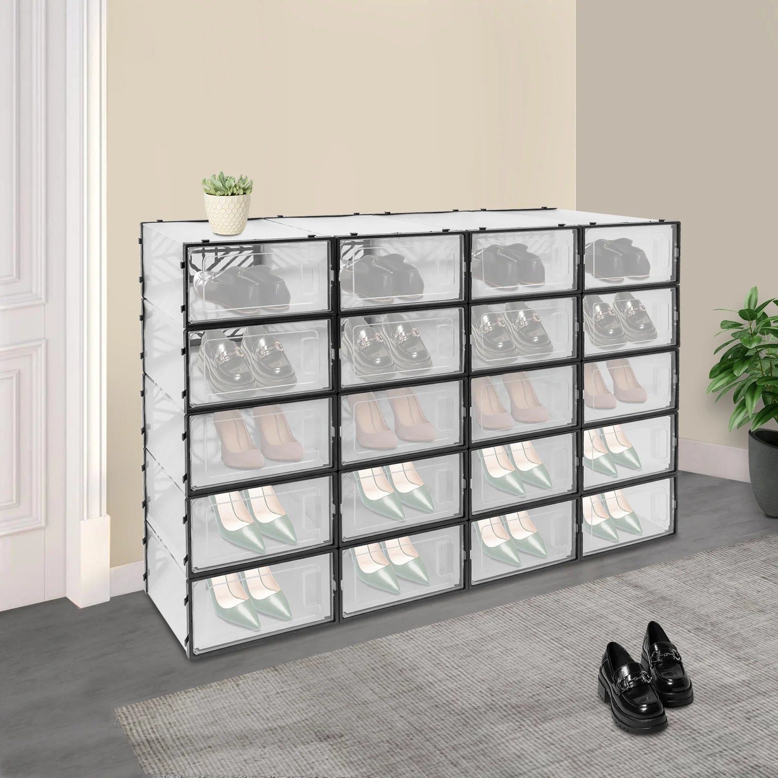 20 Pcs Shoe Storage Box Transparent PP Plastic Shoe Cabinet Moisture & Dust Proof Modern Organizer Black/White