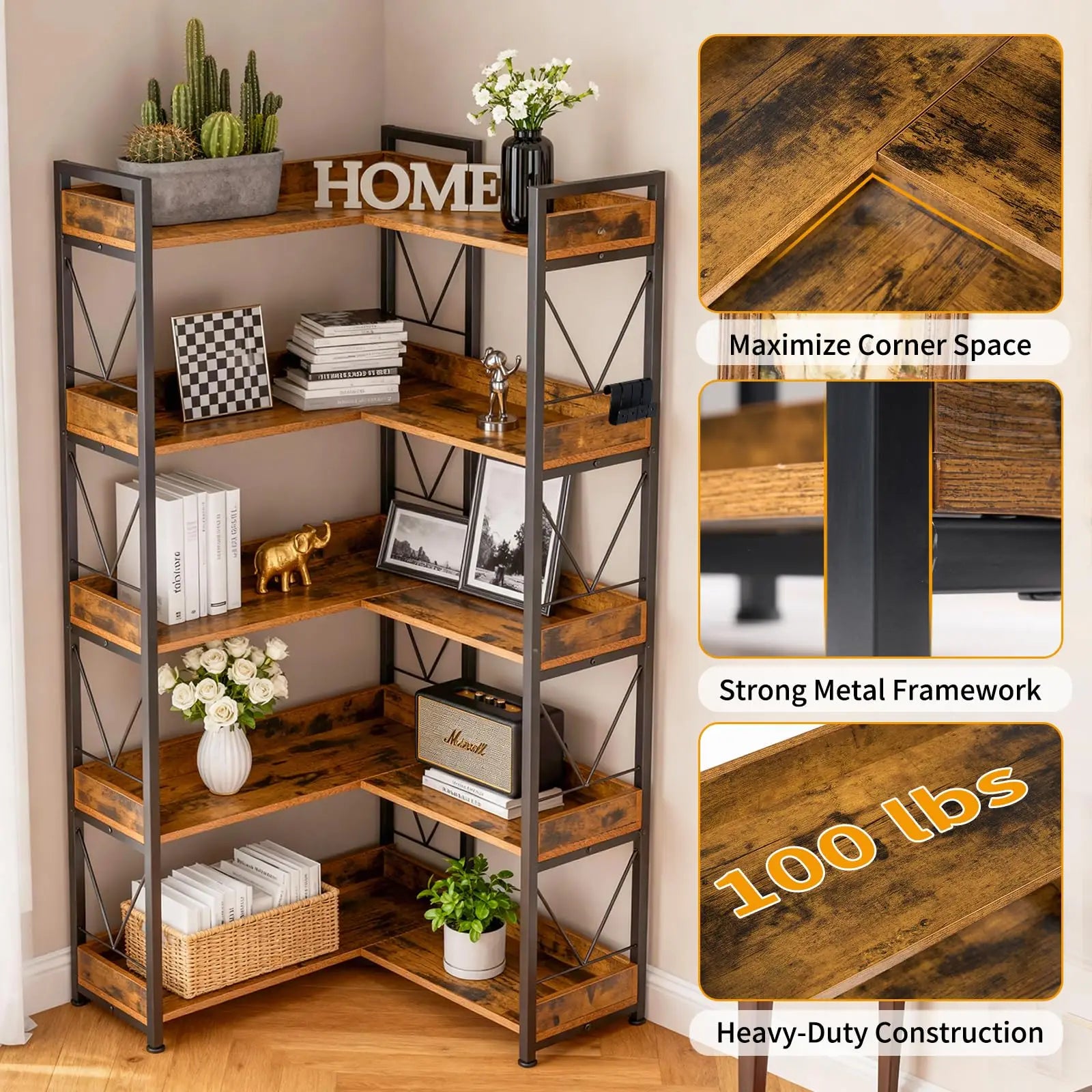 JHK 65 inch L Shaped Bookshelf 5 Tier Corner Bookcase with Hooks and Edge Metal Frame Wooden Open Storage for Living Room Home