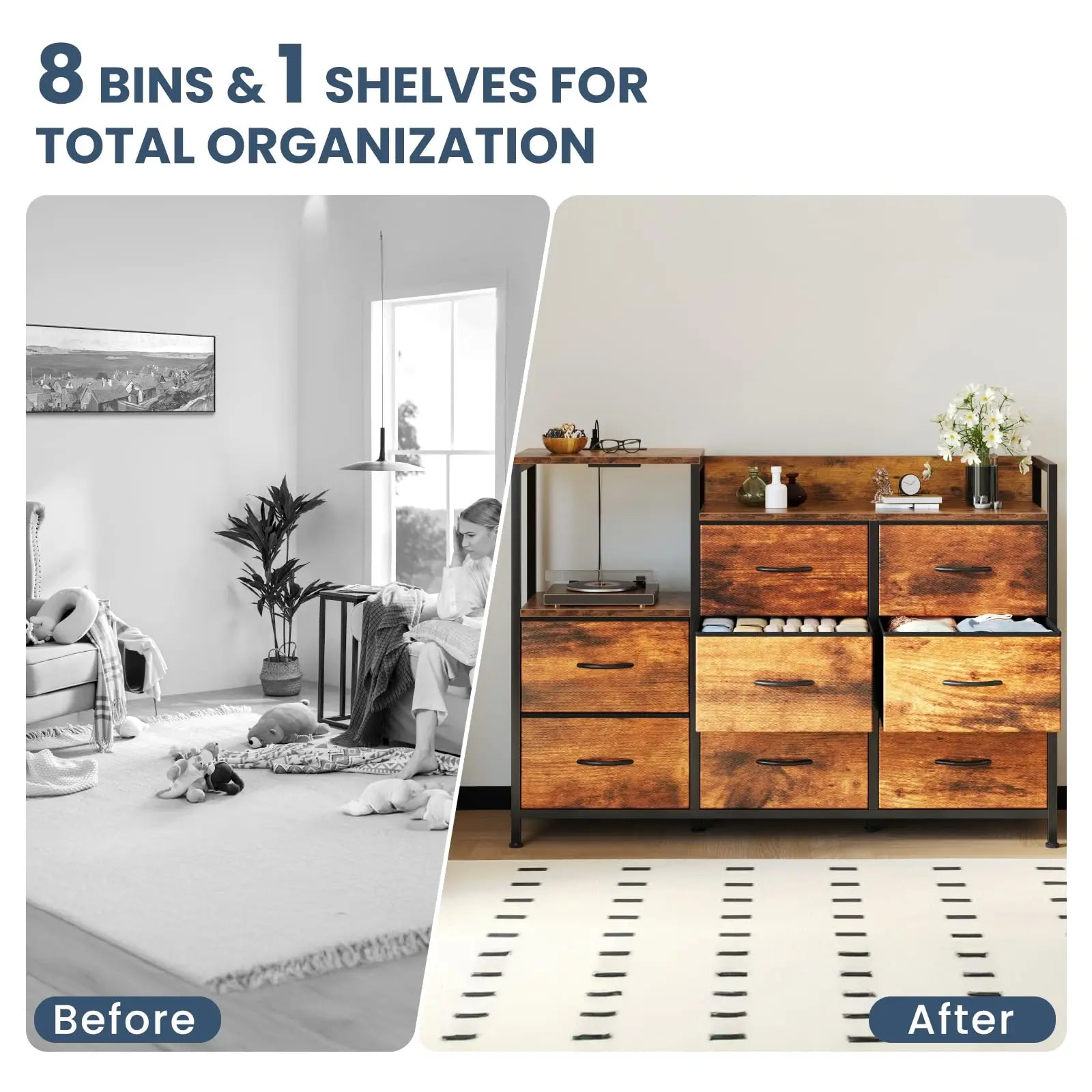 JHK Cabinet With 8 Fabric Drawers TV Stand Metal Frame With Charging Station Entertainment Center TV Storage Display Furniture