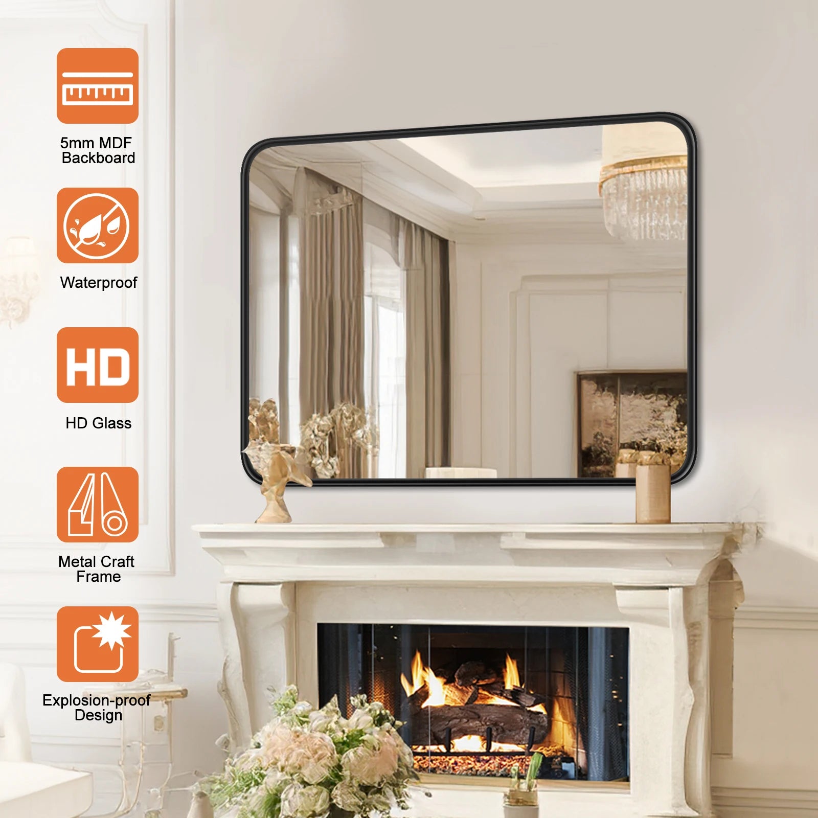 JHK 24x36 Inch Large Rectangle Vanity Framed Mirror for Wall Matte Metal Framed Modern Mirror Tempered Glass For Living Room