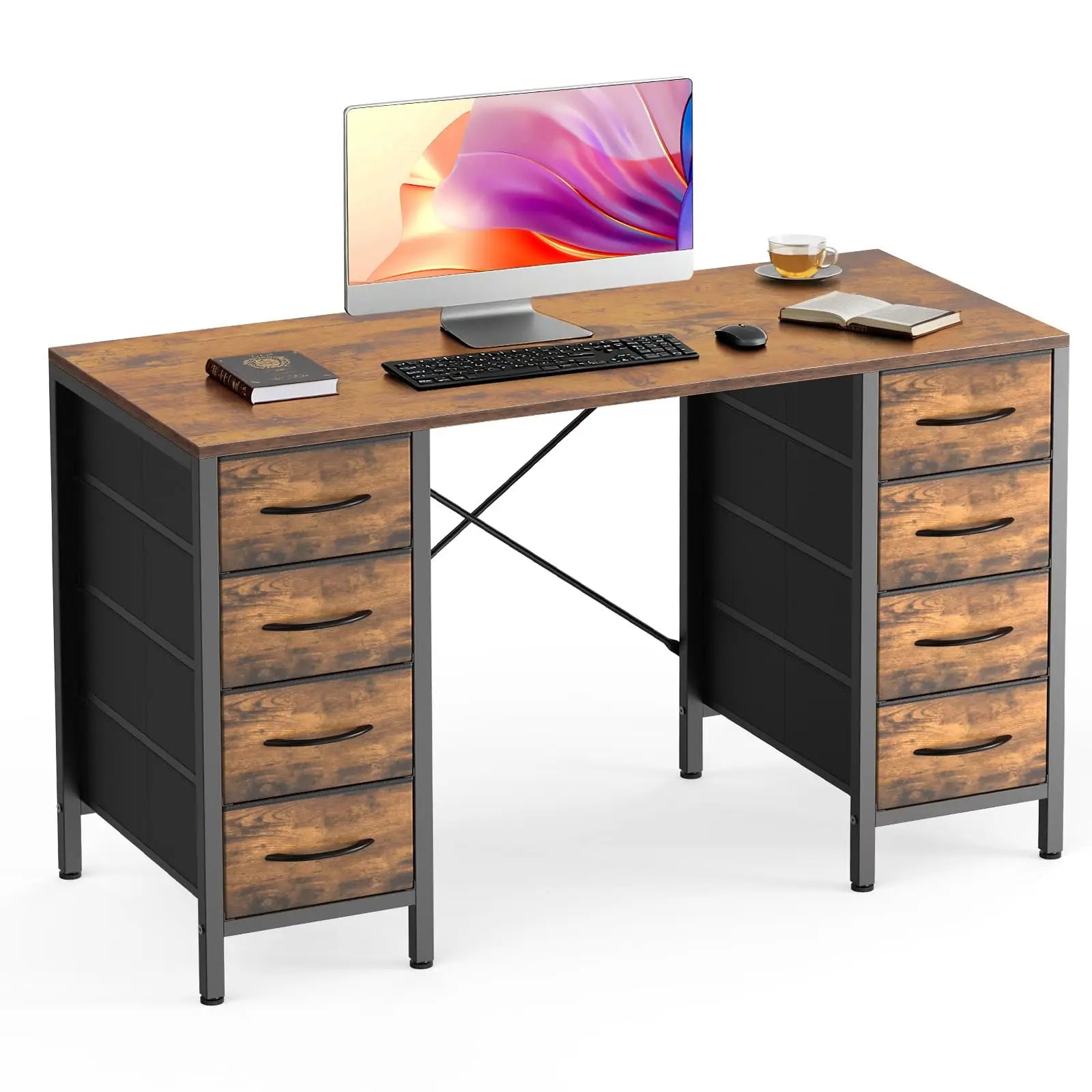JHK 47 Inch Computer Desk with 8 Fabric Drawers Office Gaming Desk Writing Study Table with X-Shaped Reinforced Structure