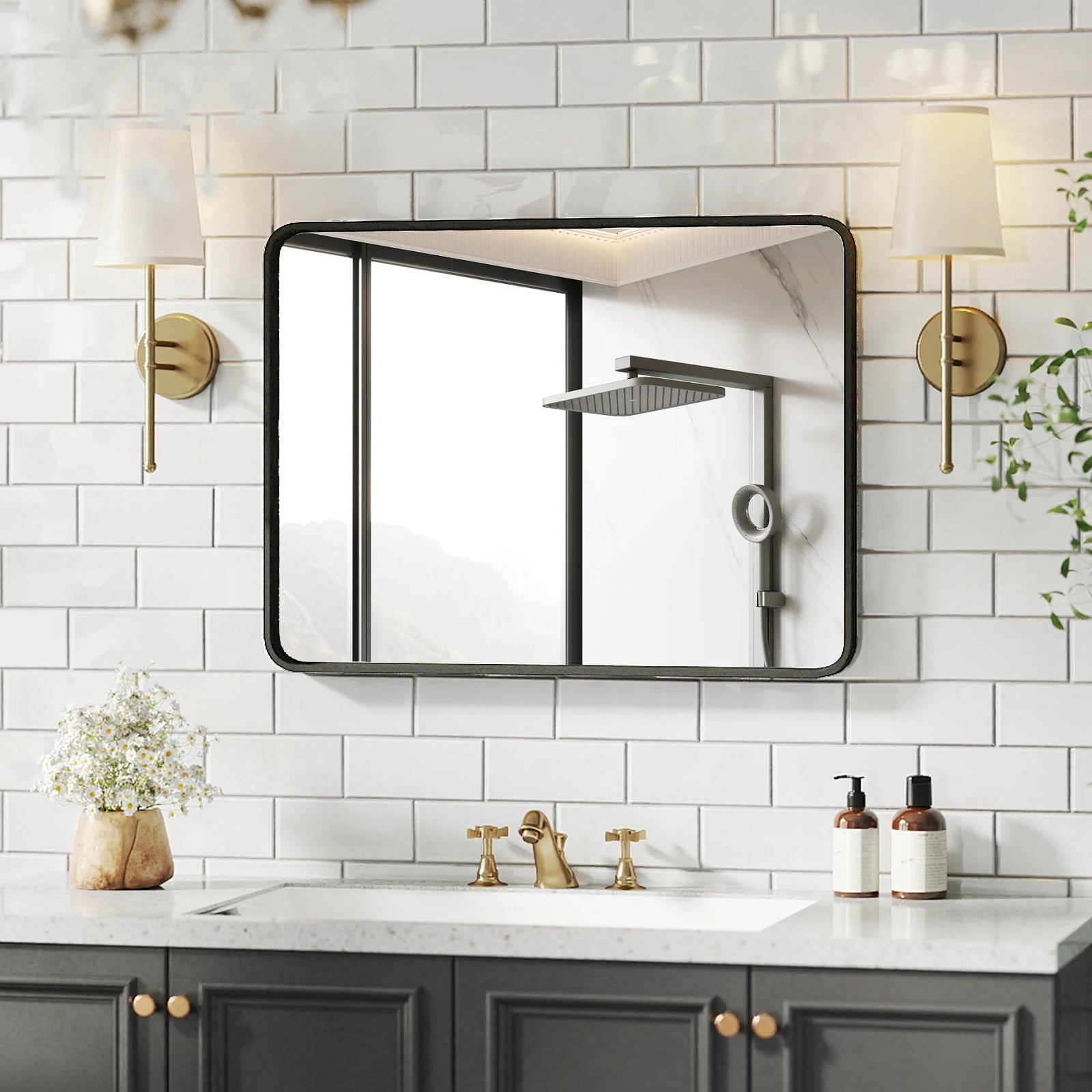 JHK 24x36 Inch Large Rectangle Vanity Framed Mirror for Wall Matte Metal Framed Modern Mirror Tempered Glass For Living Room