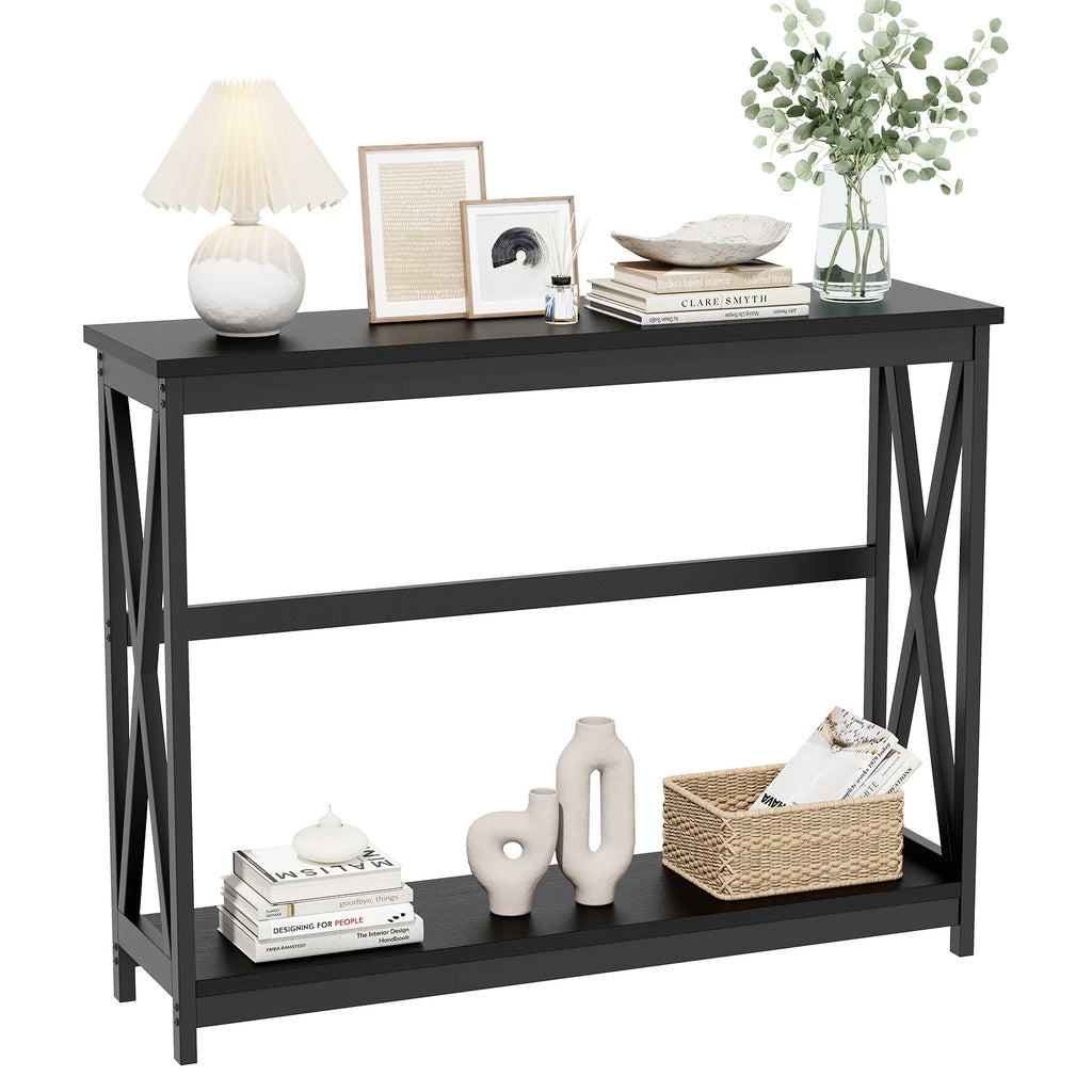 JHK 40IN Modern 2-Tier Console Table with Metal X-Frame Wood Entryway Table 200 lbs Capacity Hallway Table for Living Room Foyer