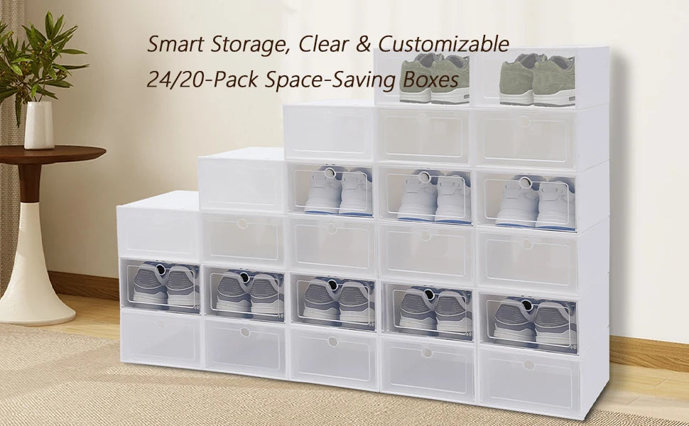 24 Pack Shoe Storage Boxes, Clear Plastic Stackable Shoe Organizer, Foldable Shoe Rack, Space-Saving Home & Office Organizatio