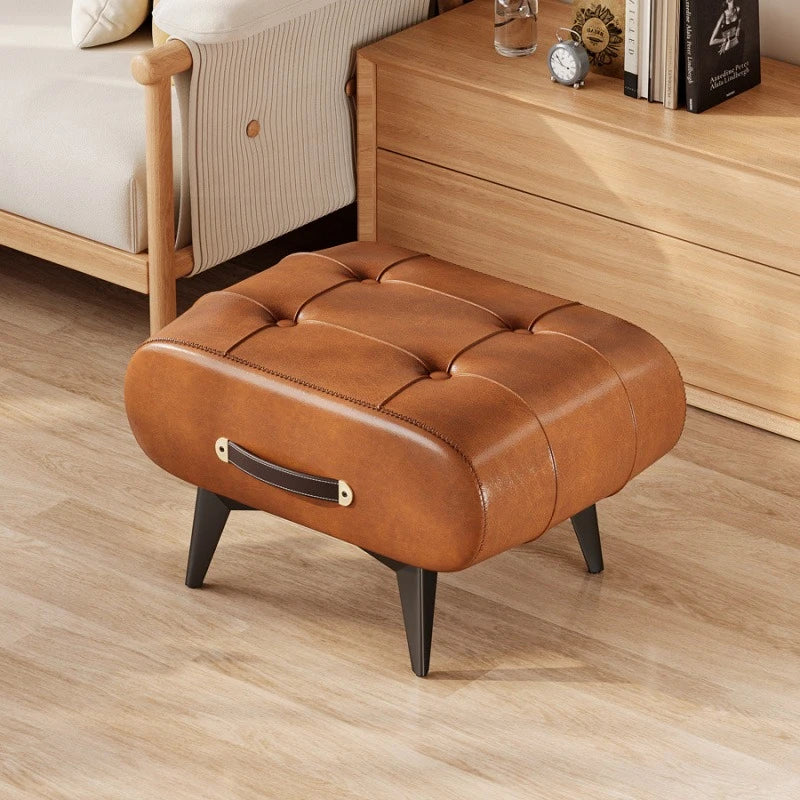 A High-quality Oil-and-wax Leather Low Stool, Footstool, Leather Footrest Stool, Stylish Multifunctional Sofa Side Piece