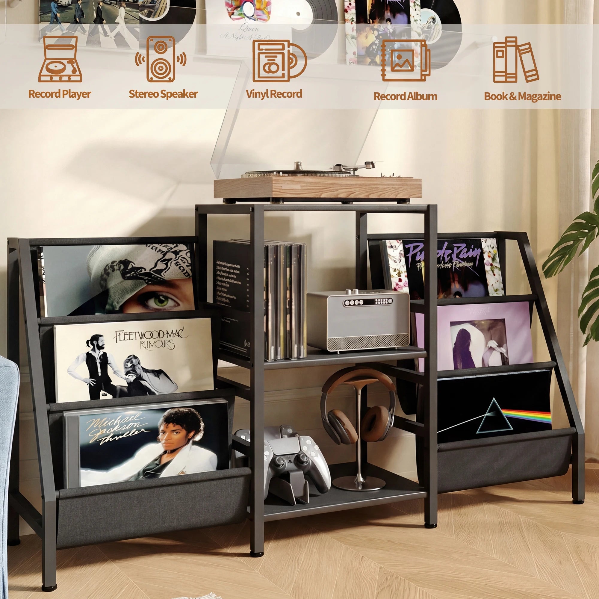 JHK 3-Tier AV Media Stand CD Rack Storage Cabinet with Sturdy Steel Shelves Collection DVD Organizer for Living Room Home Office