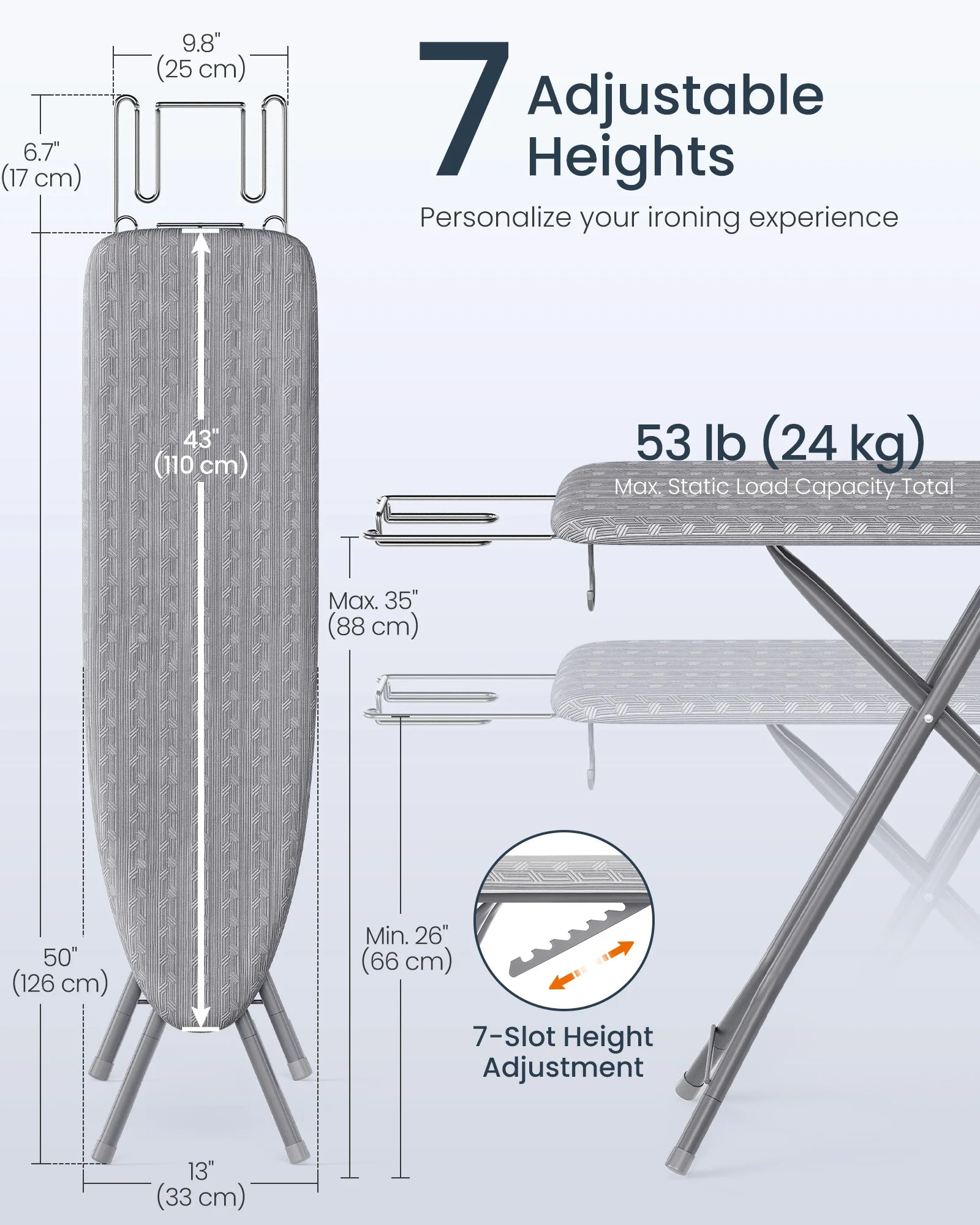 SONGMICS Ironing Board, Foldable Iron Board, Height Adjustable up to 35 Inches, with 4 Layered Cover and Pad, Iron Rest, Hook, S