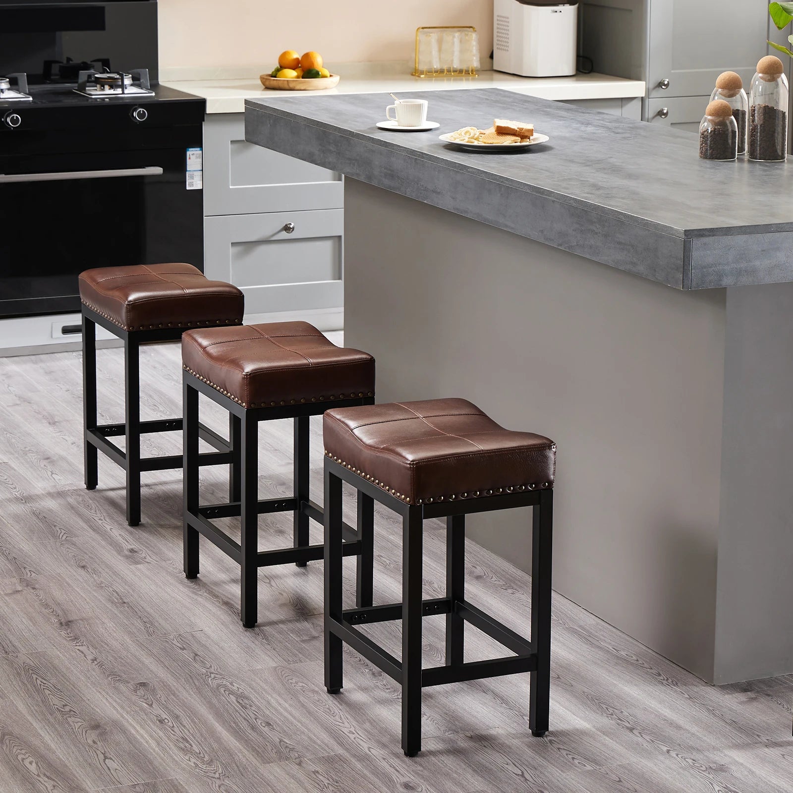 JHK Bar Stools Saddle-Style Pu Leather Upholstered Chair Counter Height Bar Stools with Metal Base Saddle Stools For Kitchen