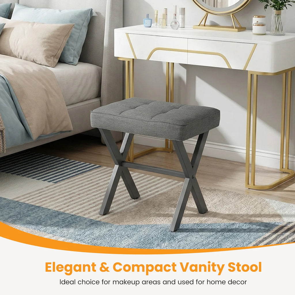 JHK Ottoman Square Linen Footstool Chair Metal X Legs Comfortable Padded Seat Vanity Makeup Stool Space-Saving for Living Room