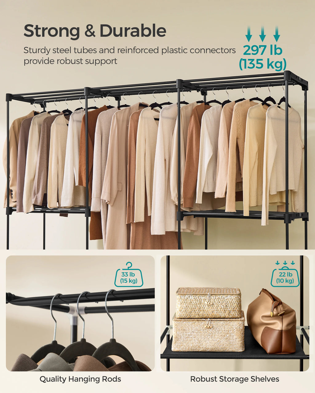 SONGMICS Portable Closet, Freestanding Closet Organizer, Clothes Rack with Shelves, Hanging Rods, Storage Organizer, for Cloakro