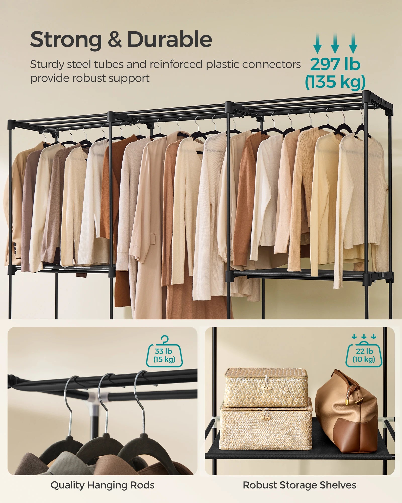 SONGMICS Portable Closet, Freestanding Closet Organizer, Clothes Rack with Shelves, Hanging Rods, Storage Organizer, for Cloakro