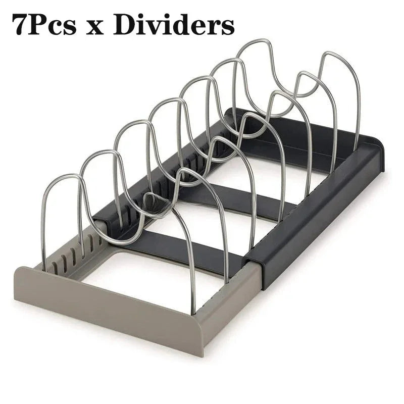 1Pc 7-grid Telescopic Pot Rack,Pans Organizer,Space-saving Cabinet Holder for Pots,Pans and Lids-Keep Your Kitchen Neat and Tidy