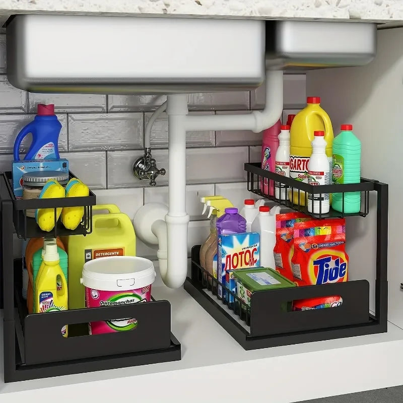 Kitchen Double-Layer Sliding Sink Under-Sink Shelf for Home Use Pull-Out Cabinet Storage Rack for Kitchen and Bathroom Storage