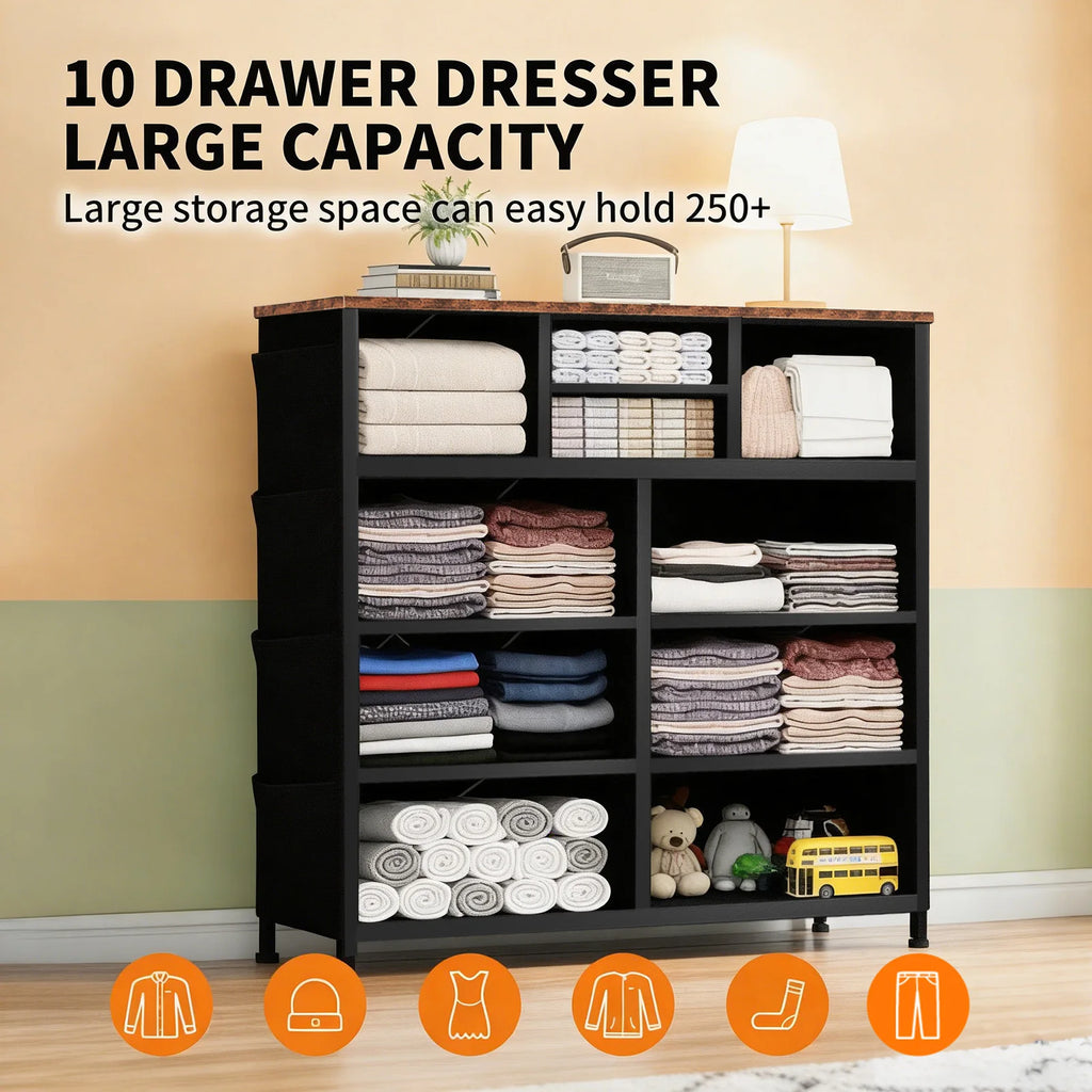JHK Living Room 10 Fabric Drawers With Side Bag Cabinet Storage Organizer Cabinet Steel Frame Assembly Closet For Furniture