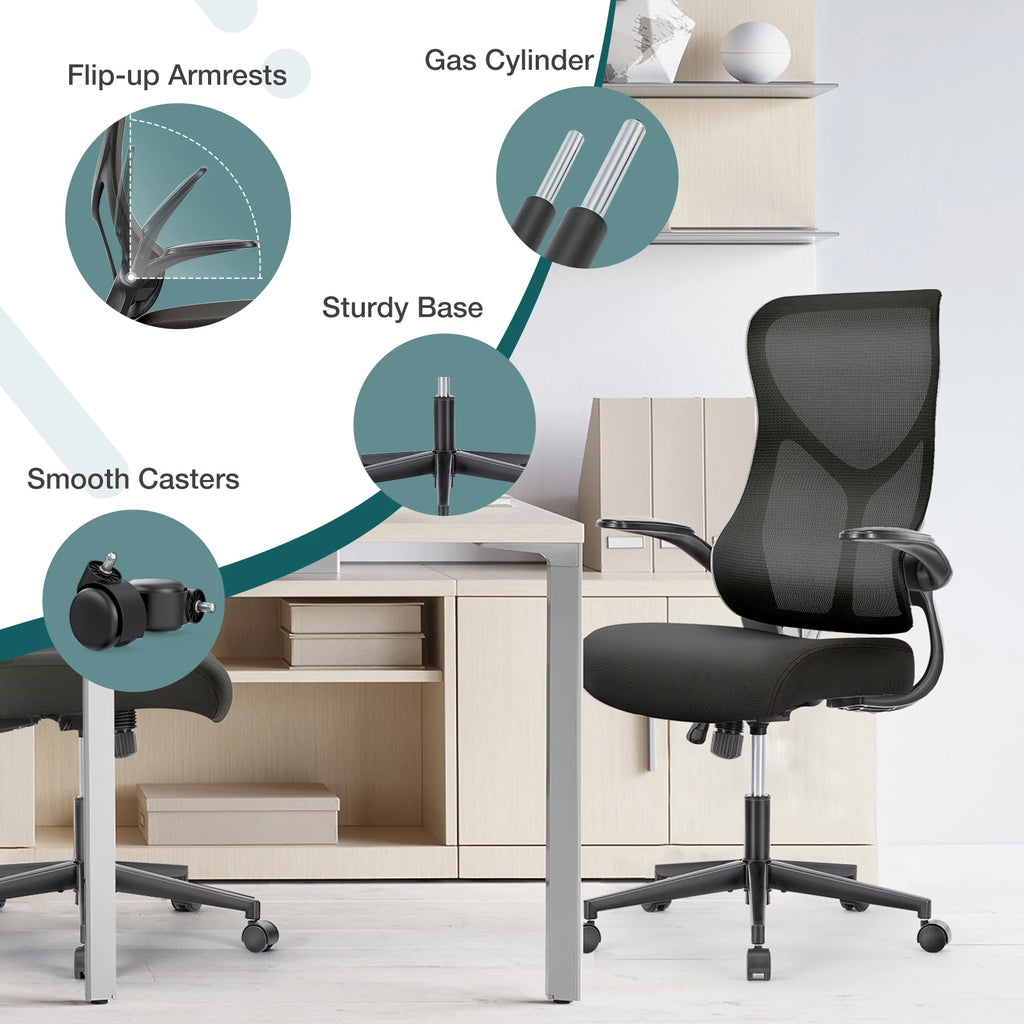 JHK Mesh Lumbar Support Office Desk Computer Chair Ergonomic High Back Swivel Rolling Gaming Chairs With Wheels And Flip-up Arms