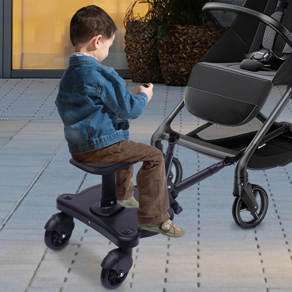 Universal 2-in-1 Stroller Board And Seat Pram Pedal Adapter for Kids - Detachable Safety Ride Board for Pushchair with 25kg Load