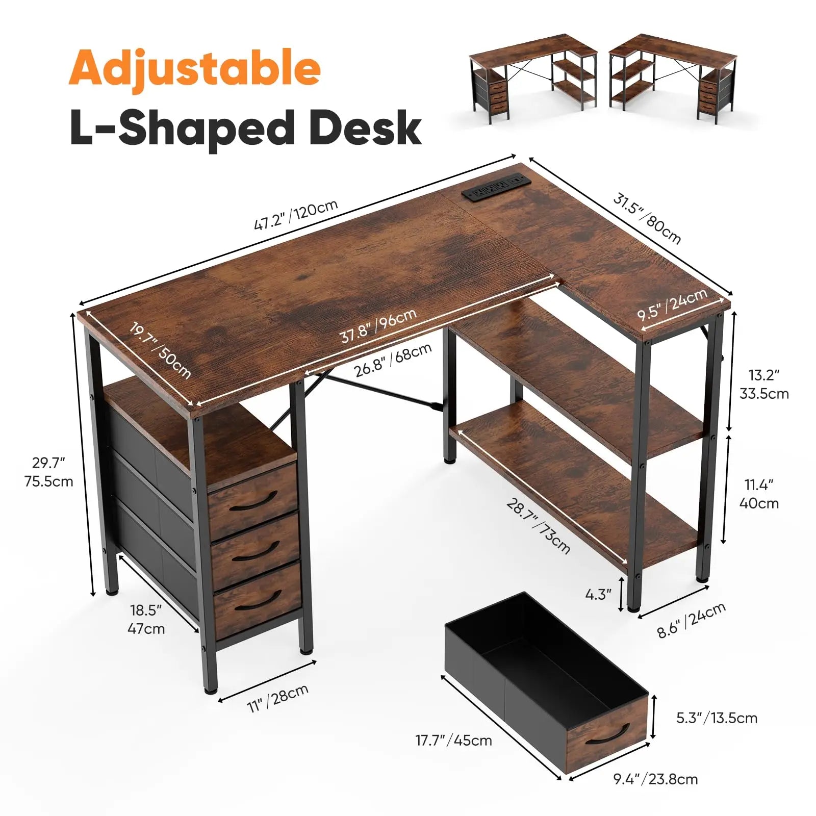 JHK L Shaped Desk with Shelf Drawers 55 Inch Corner Computer Desks Gaming with Power Outlet Adjustable Shelves Home Office Table