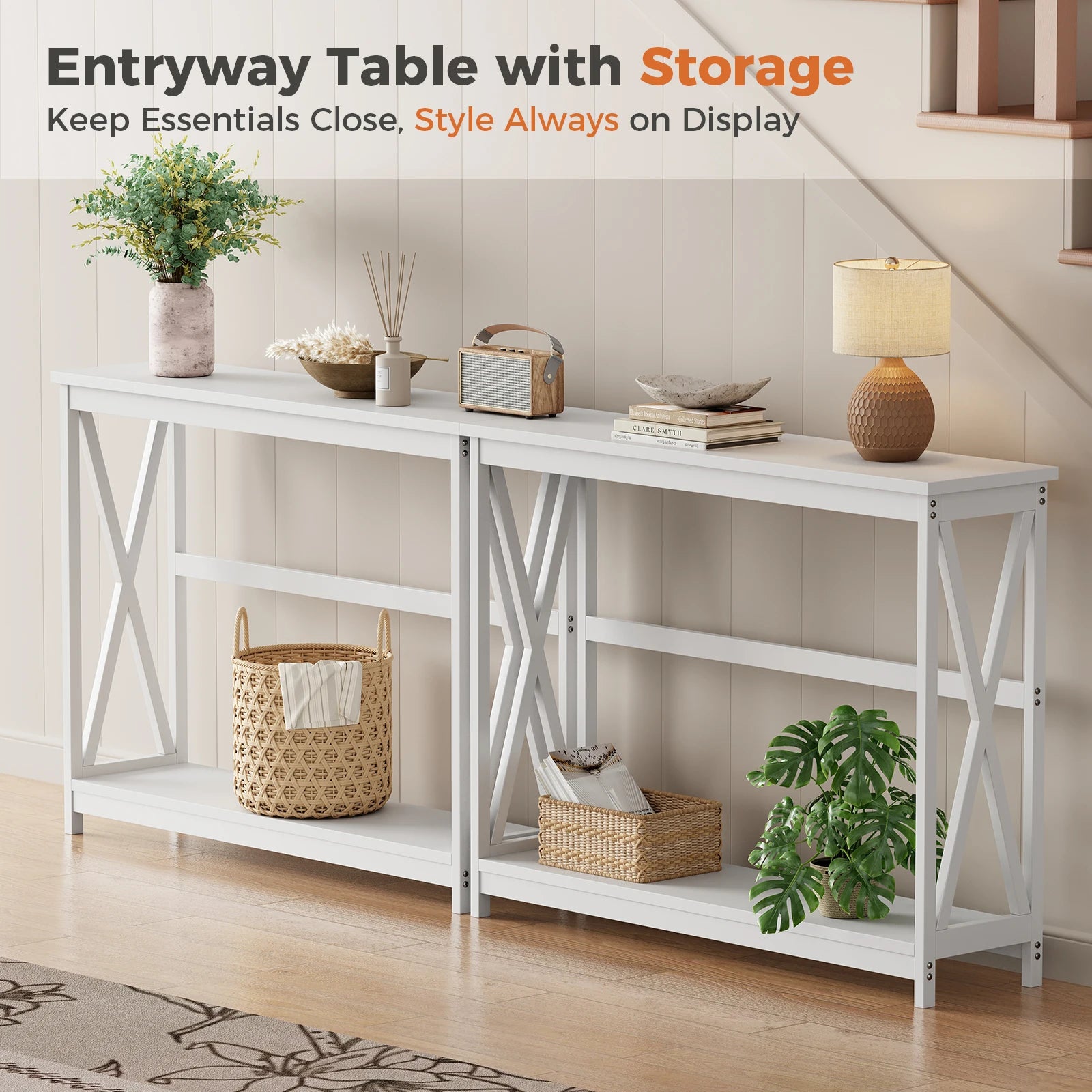 JHK 40IN Modern 2-Tier Console Table with Metal X-Frame Wood Entryway Table 200 lbs Capacity Hallway Table for Living Room Foyer