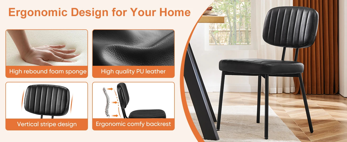 JHK Faux Leather Modern Dining Chairs Set of 2 Ergonomic Lumbar Support Foam Sponge Cushion Seat and Metal Legs for Kitchen