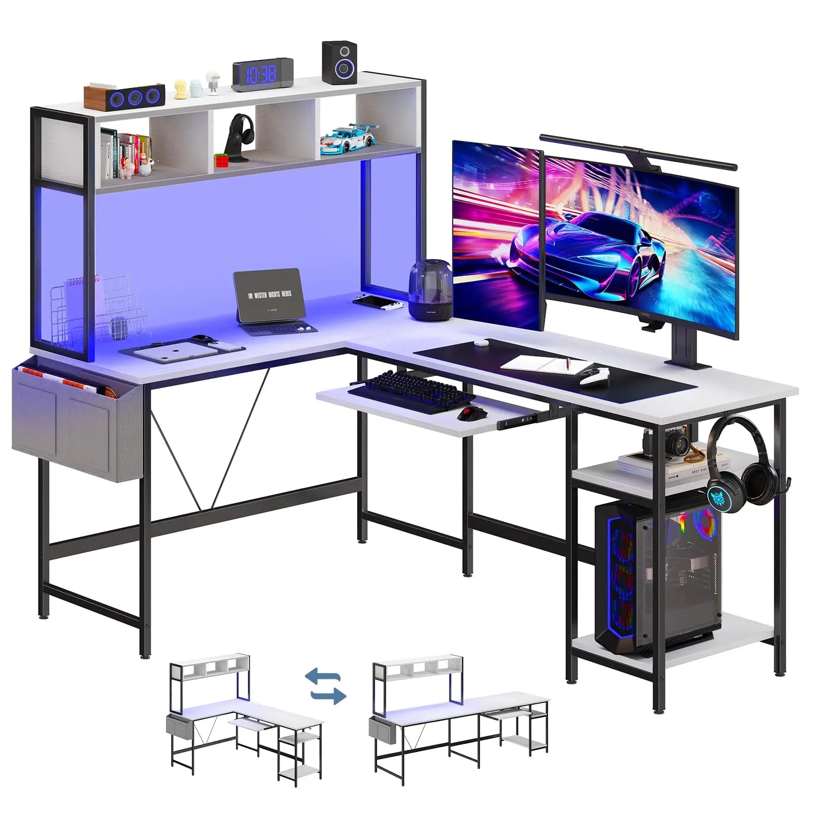JHK 67IN L Shaped Reversible Gaming Desk with Led Lights Corner Table Keyboard Tray Side Bag Storage Shelf Wood Table for Office