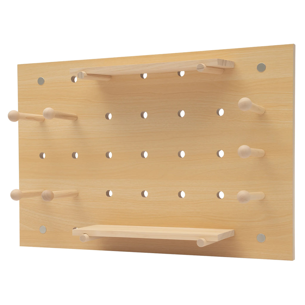Wall Mount Wood Pegboard, Natural Wood Storage Display Shelf Wall Organizer, Kitchen Office DIY Tool Board Panel Rack Load 10kg
