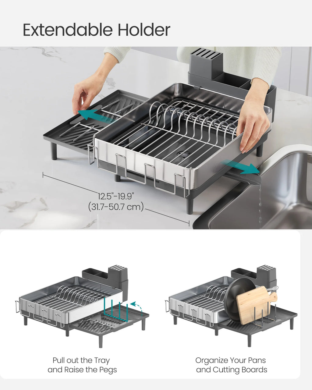 SONGMICS Large Dish Drying Rack, Expandable Dish Dryer for Kitchen Counter, Stainless Steel Dish Rack with Rotatable Spout, Uten