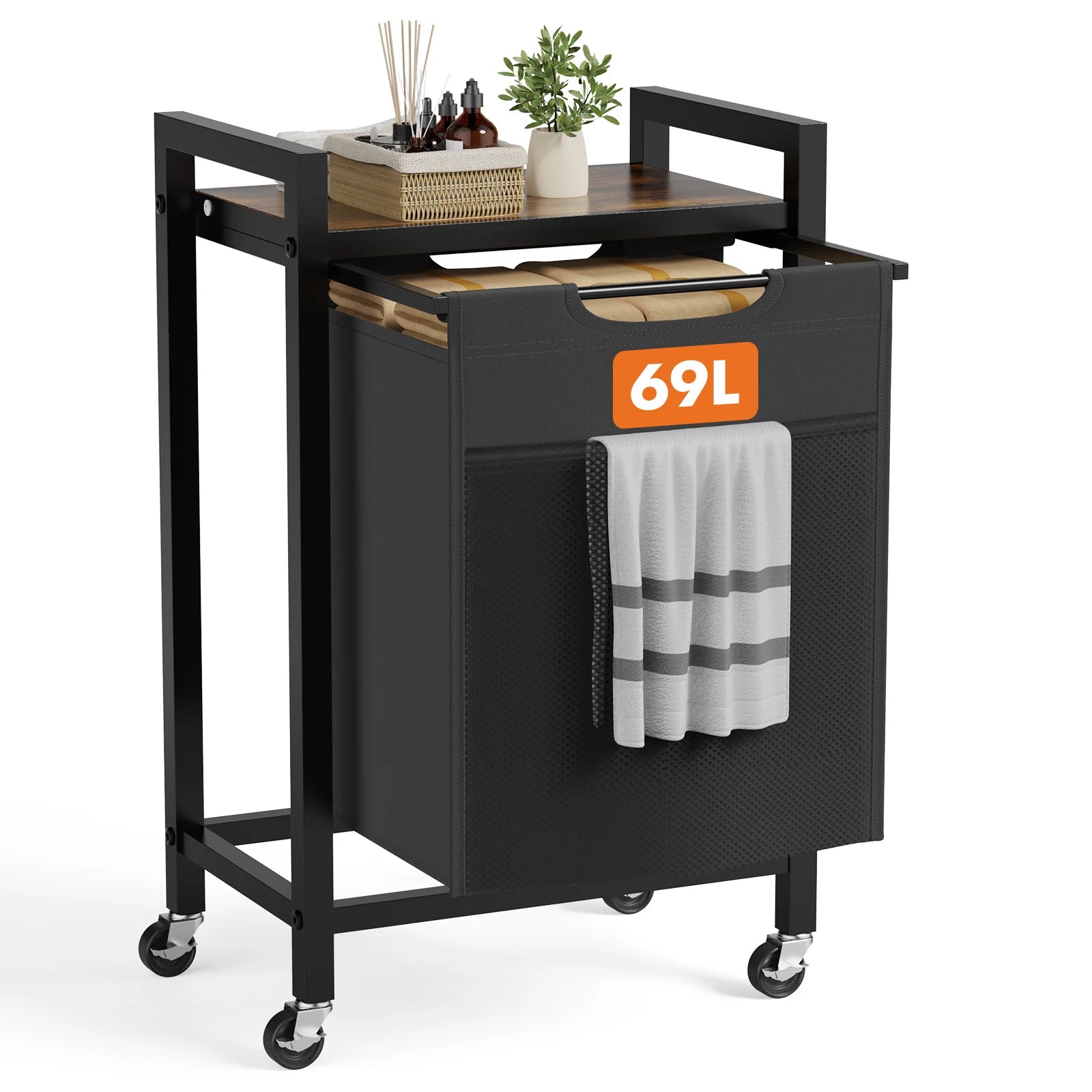 JHK 20IN Cabinets with Movable Wheels Metal Frame and 69L Pull-Out Removable Sorter Bags Clothes Basket Organizer for Furniture