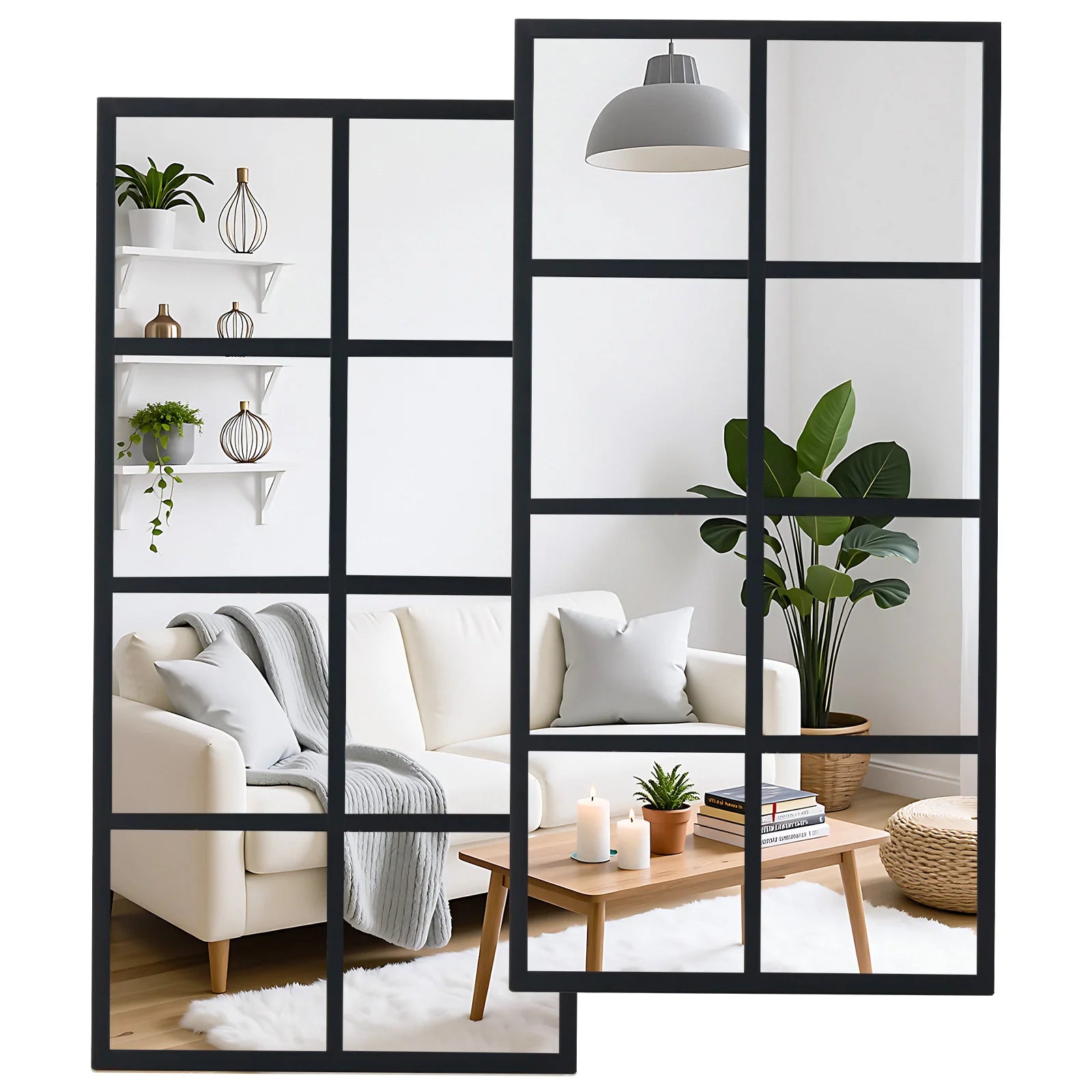 JHK 16" x 32"  Set of 2 Standing Hanging Full Body Wall Mirror Rectangle Window Pane Decorative Mirror Metal Framed Mirror