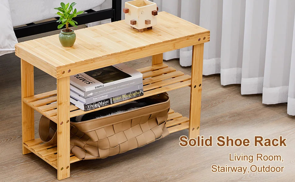 JHK Living Room 3-Tier Bamboo Shoe Rack Bench Holds Up to 286 lb Storage Organizer Easy Assemble Suitable for Bedroom Balcony ﻿