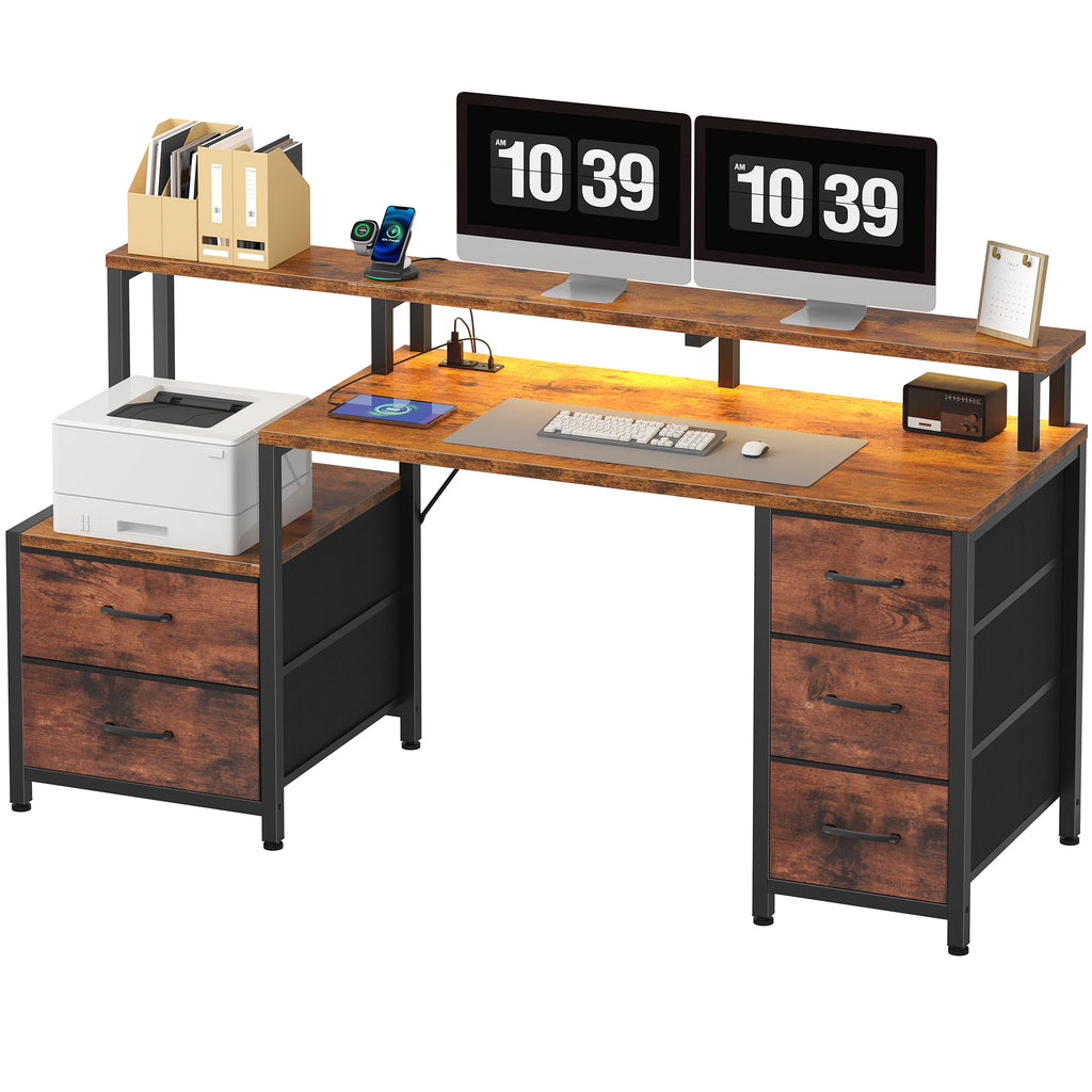 JHK 67In Gaming Computer Desk with 5 Storage Drawers Wood Office Computer Desks with LED Lights Power Outlets for Office Bedroom