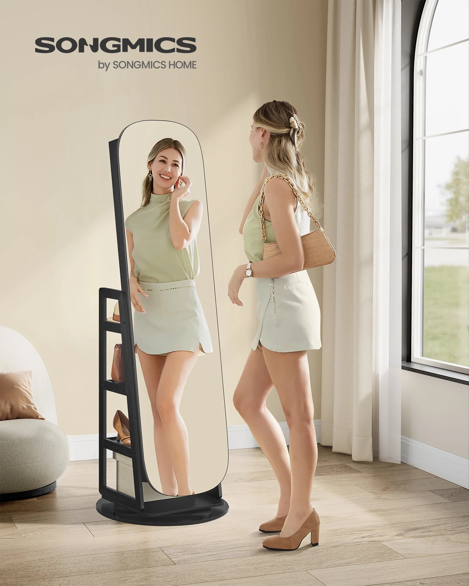 SONGMICS LED Jewelry Cabinet, 360° Swivel Jewelry Organizer, Lockable Mirror Jewelry Cabinet Standing, Interior Mirror
